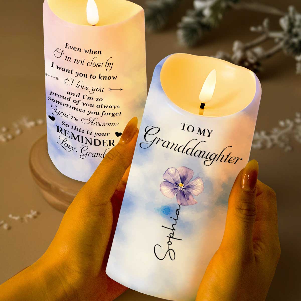 Personalized LED Candle Custom Birth Month Flower Gift for Granddaughter