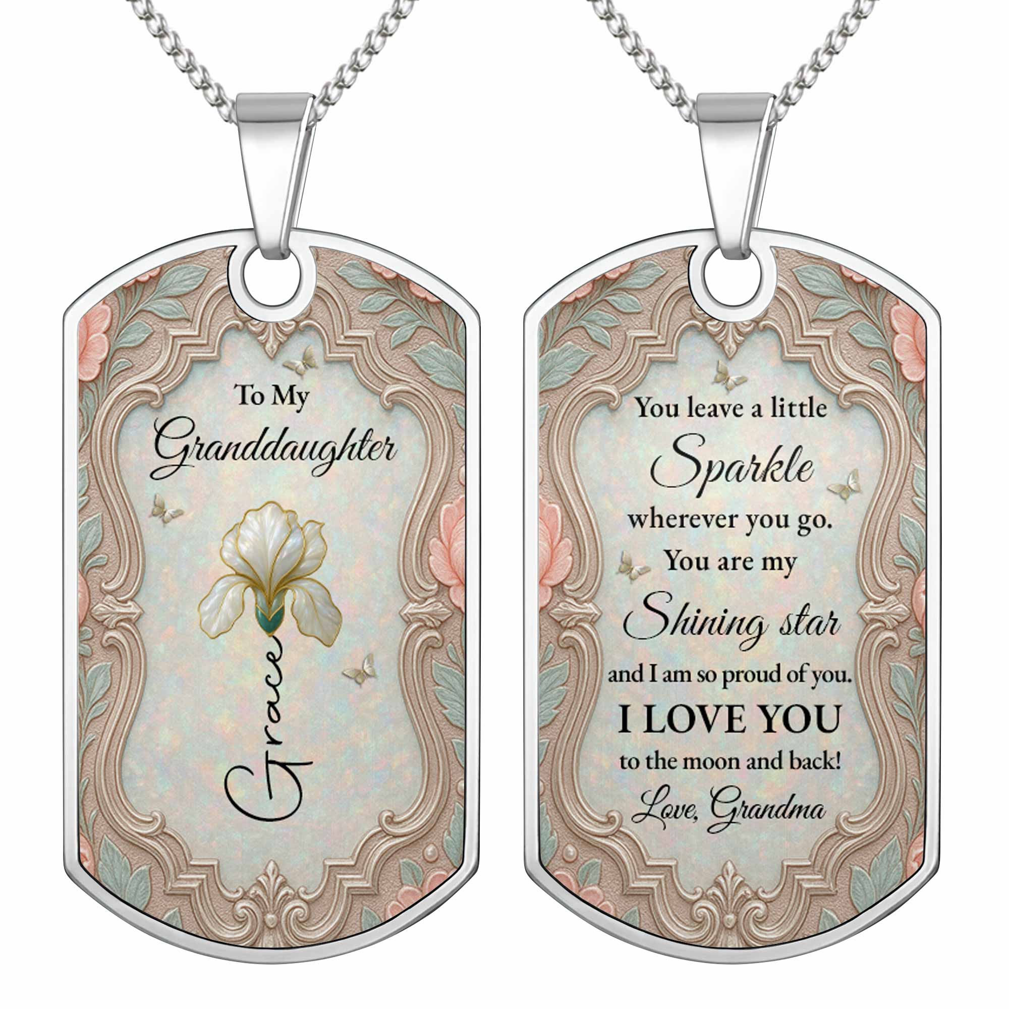 Personalized Custom Dog Tag Necklace Granddaughter Birth Flower Gift