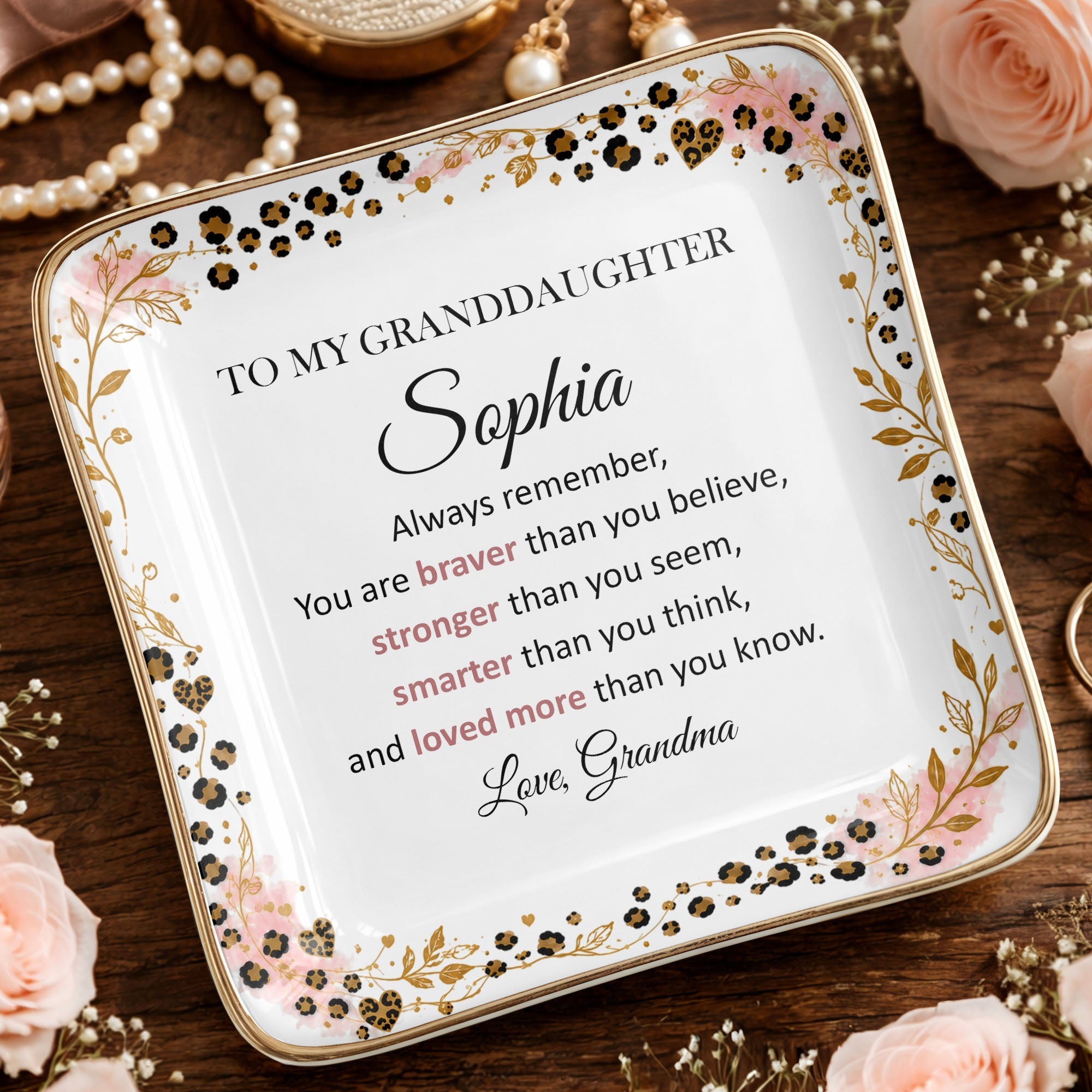 Personalized Square Ceramic Jewelry Dish for Granddaughter Gift