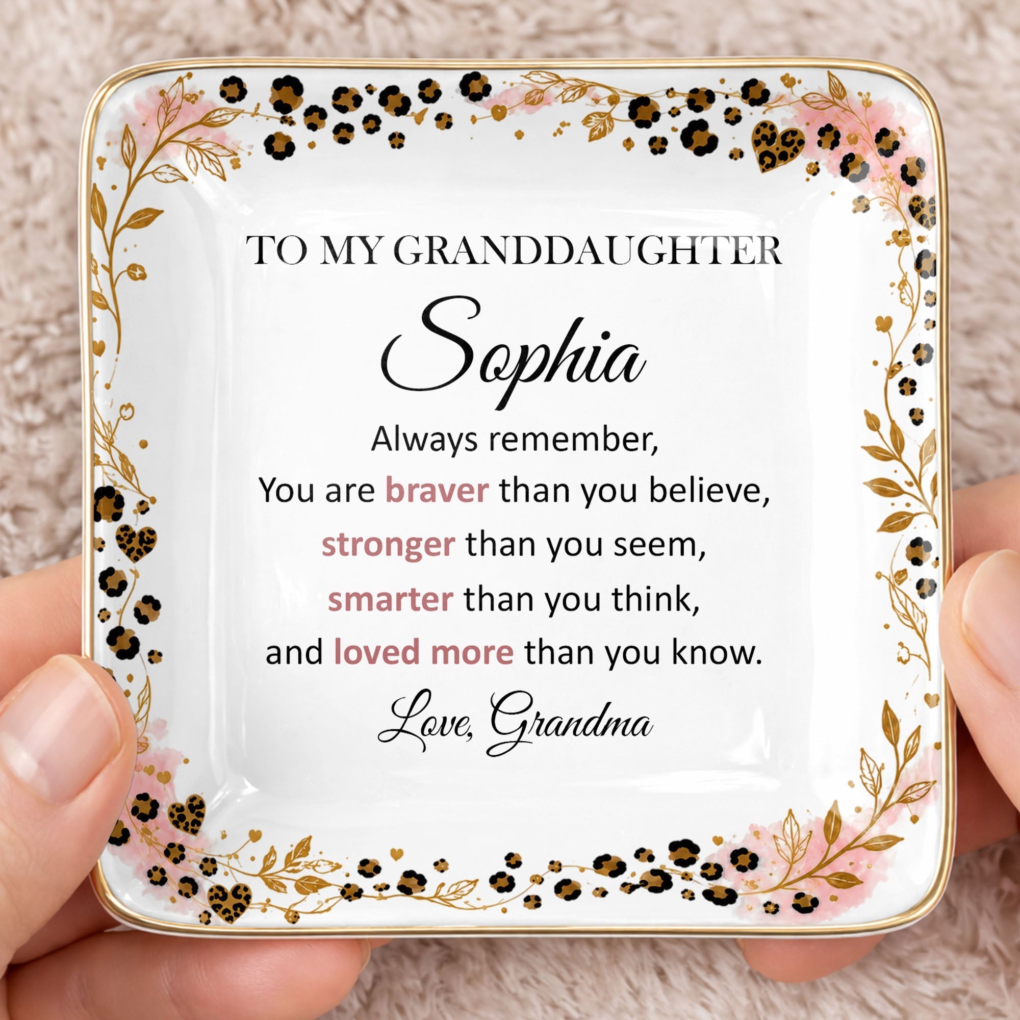Personalized Square Ceramic Jewelry Dish for Granddaughter Gift