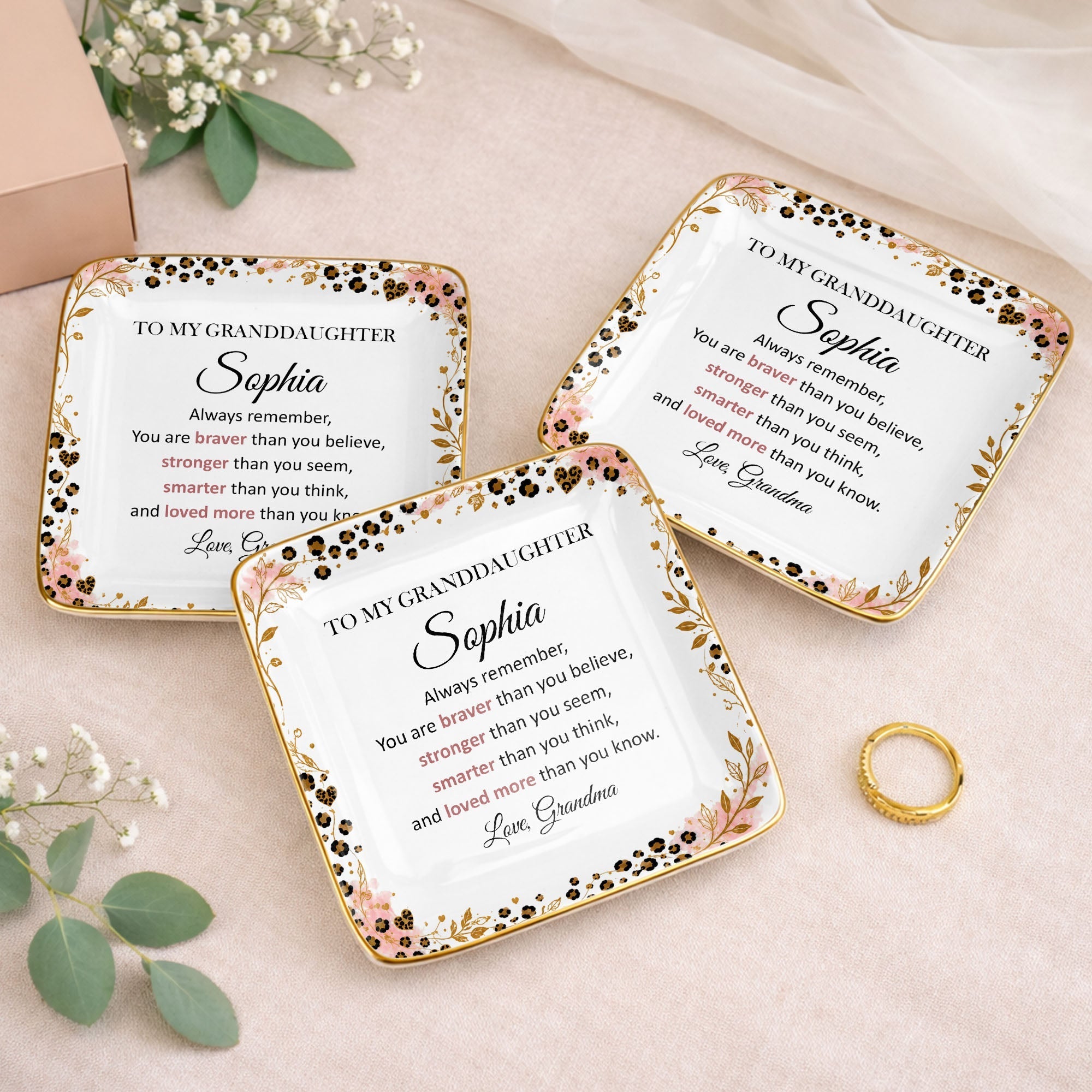 Personalized Square Ceramic Jewelry Dish for Granddaughter Gift