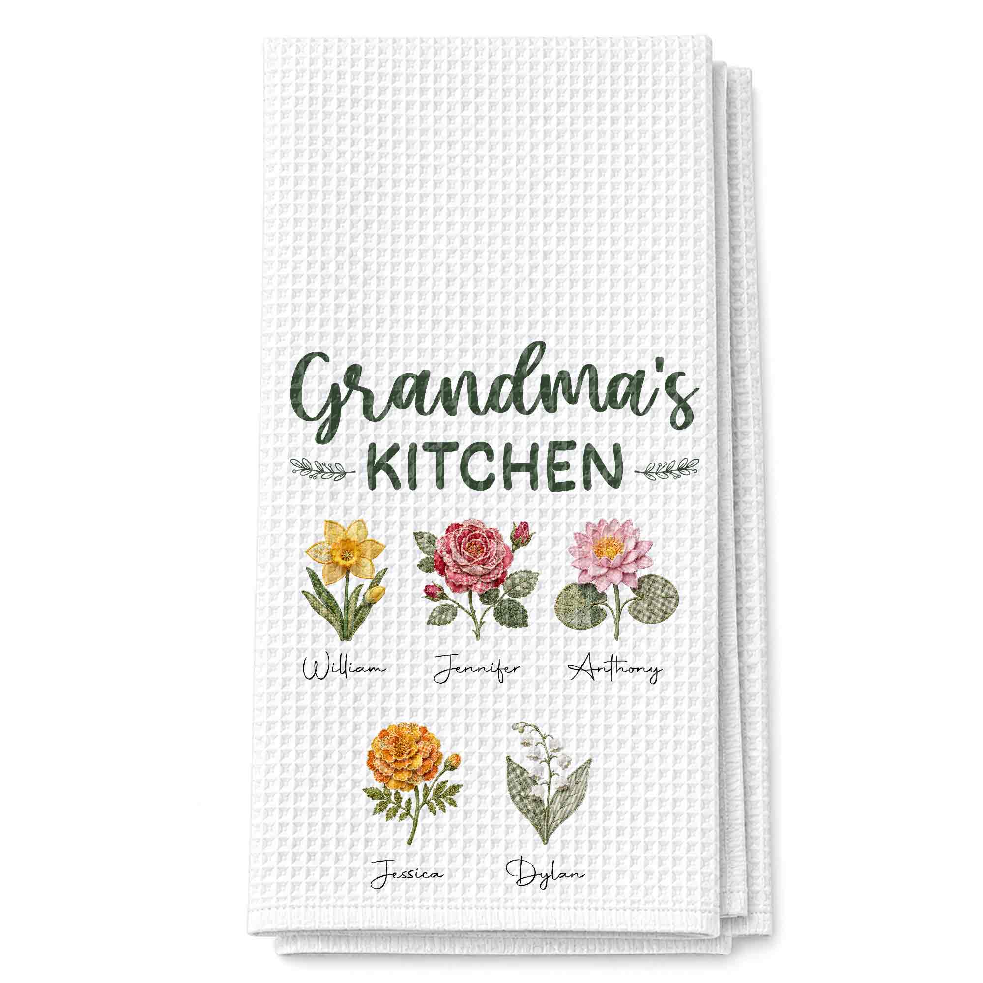 Personalized Kitchen Towel with Birth Month Flowers Gift for Grandma