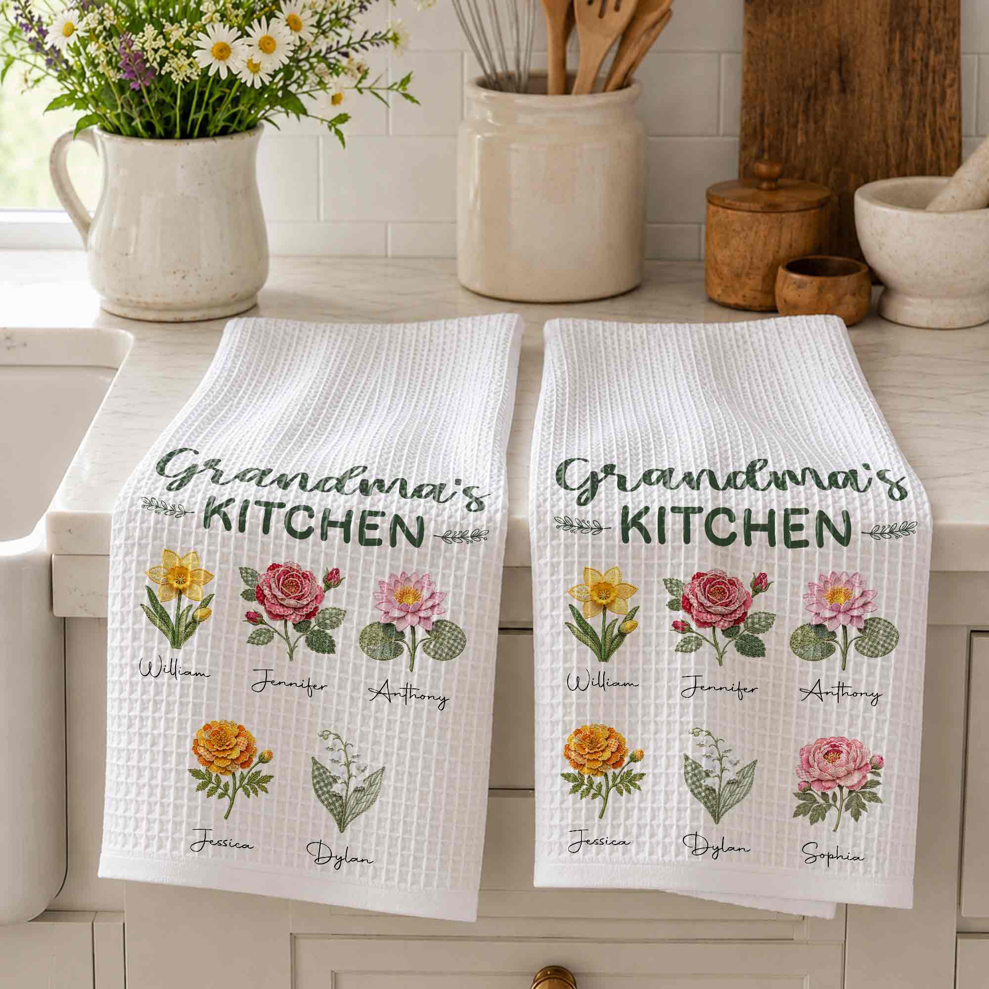 Personalized Kitchen Towel with Birth Month Flowers Gift for Grandma