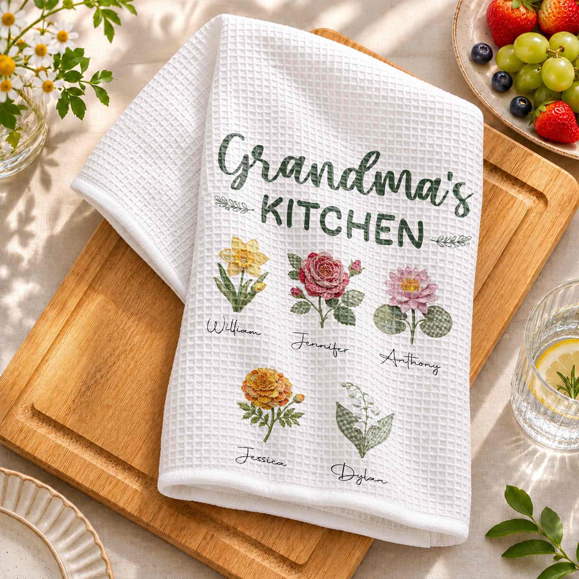 Personalized Kitchen Towel with Birth Month Flowers Gift for Grandma