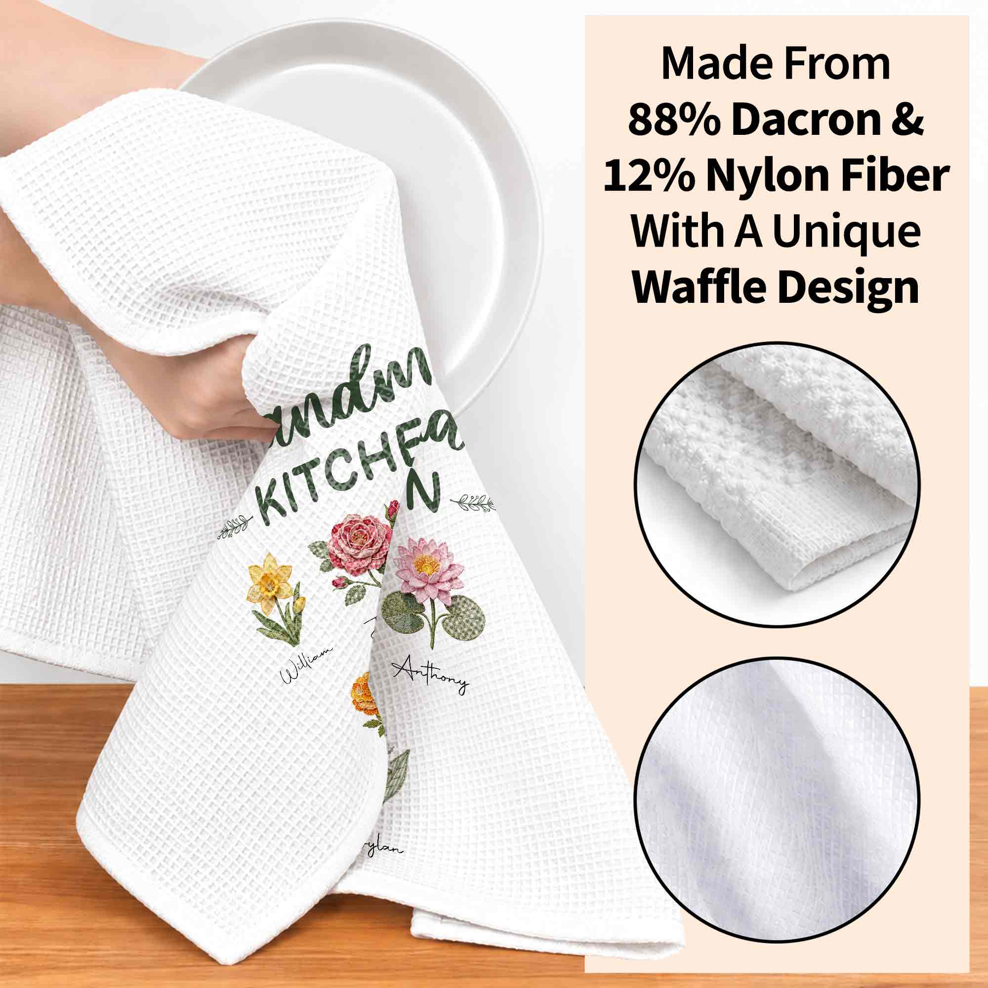 Personalized Kitchen Towel with Birth Month Flowers Gift for Grandma