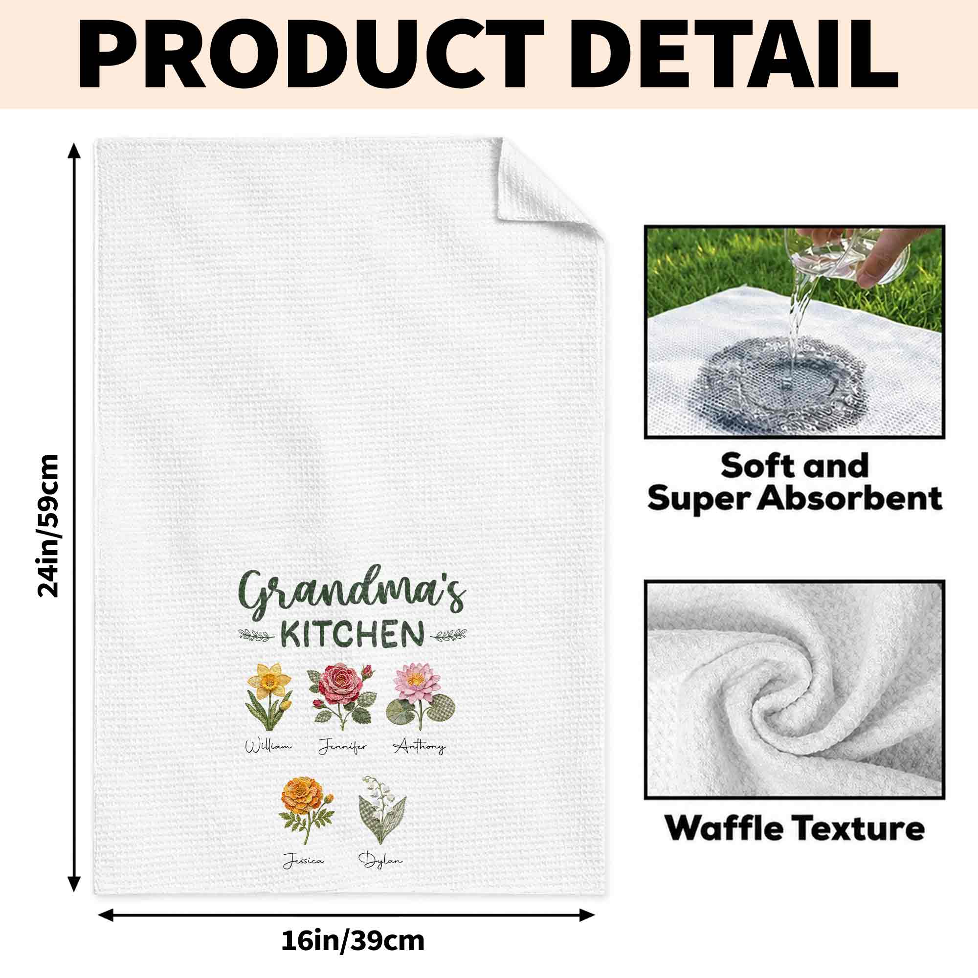 Personalized Kitchen Towel with Birth Month Flowers Gift for Grandma