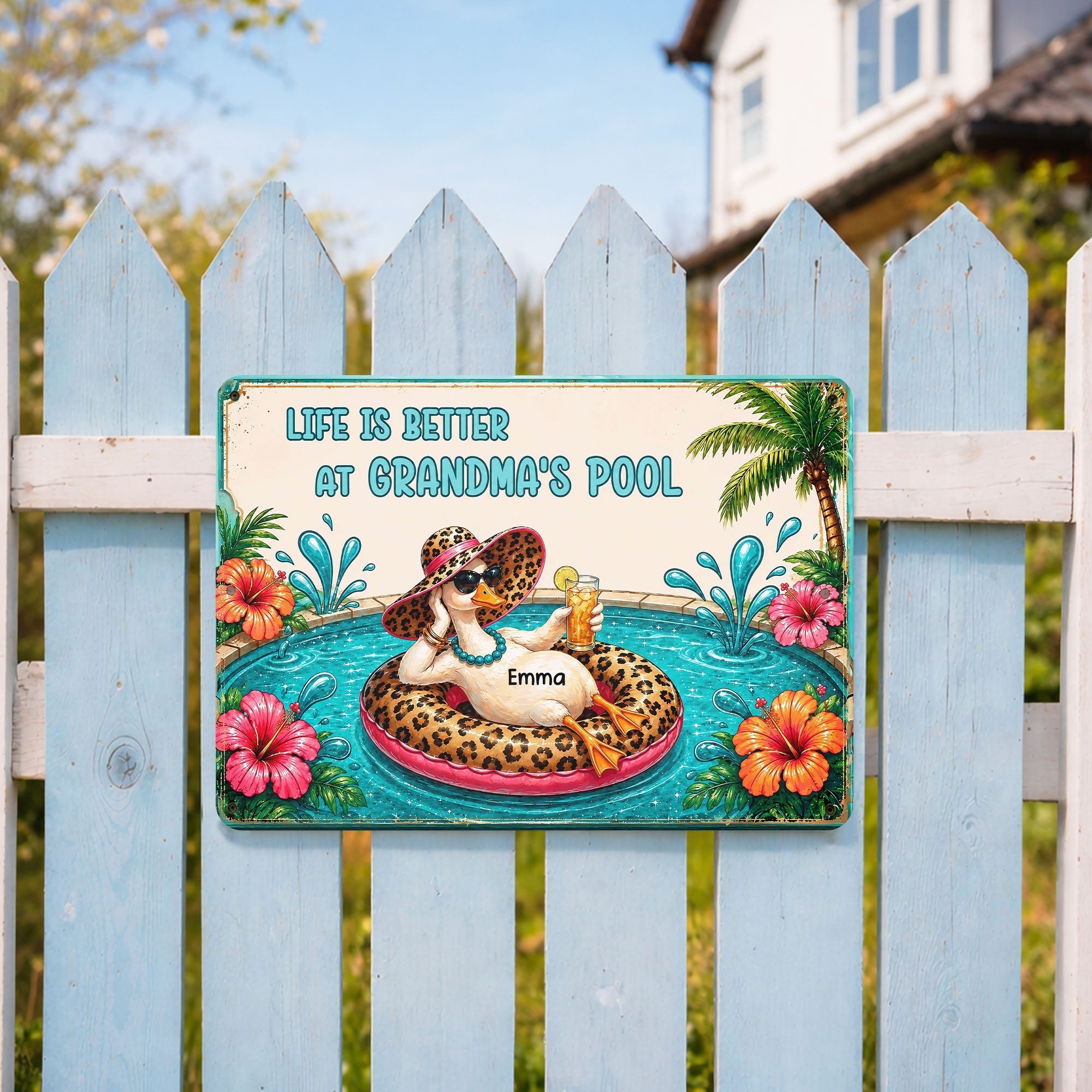 Personalized Metal Sign Gift for Grandma with Duck & Flowers