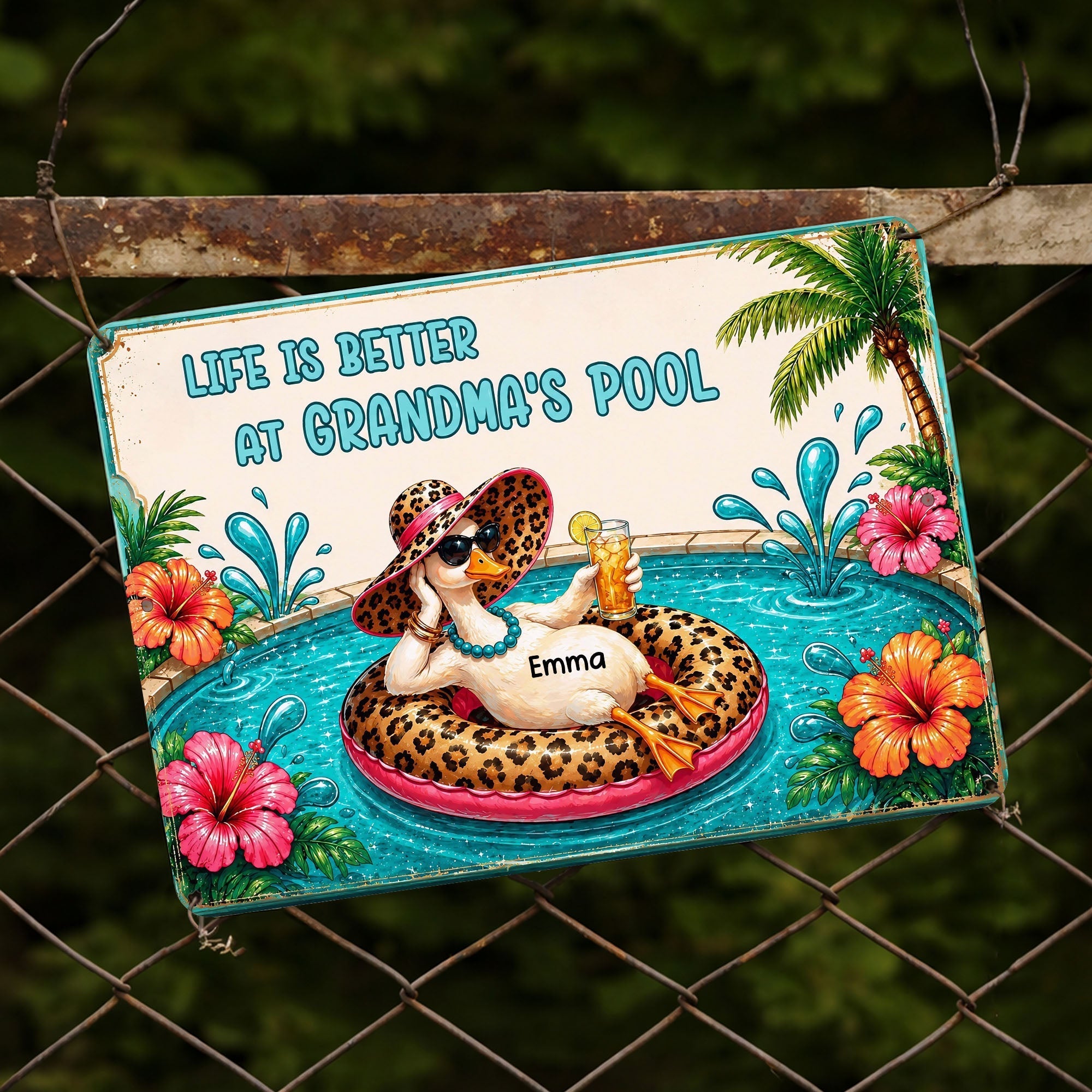 Personalized Metal Sign Gift for Grandma with Duck & Flowers