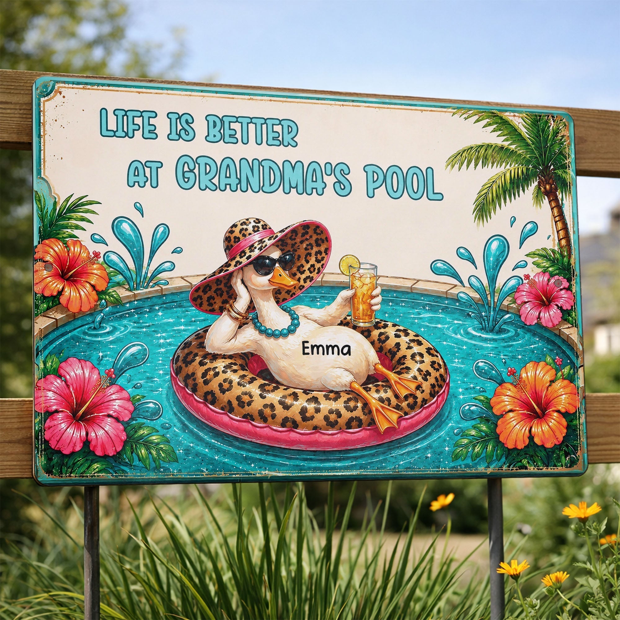 Personalized Metal Sign Gift for Grandma with Duck & Flowers