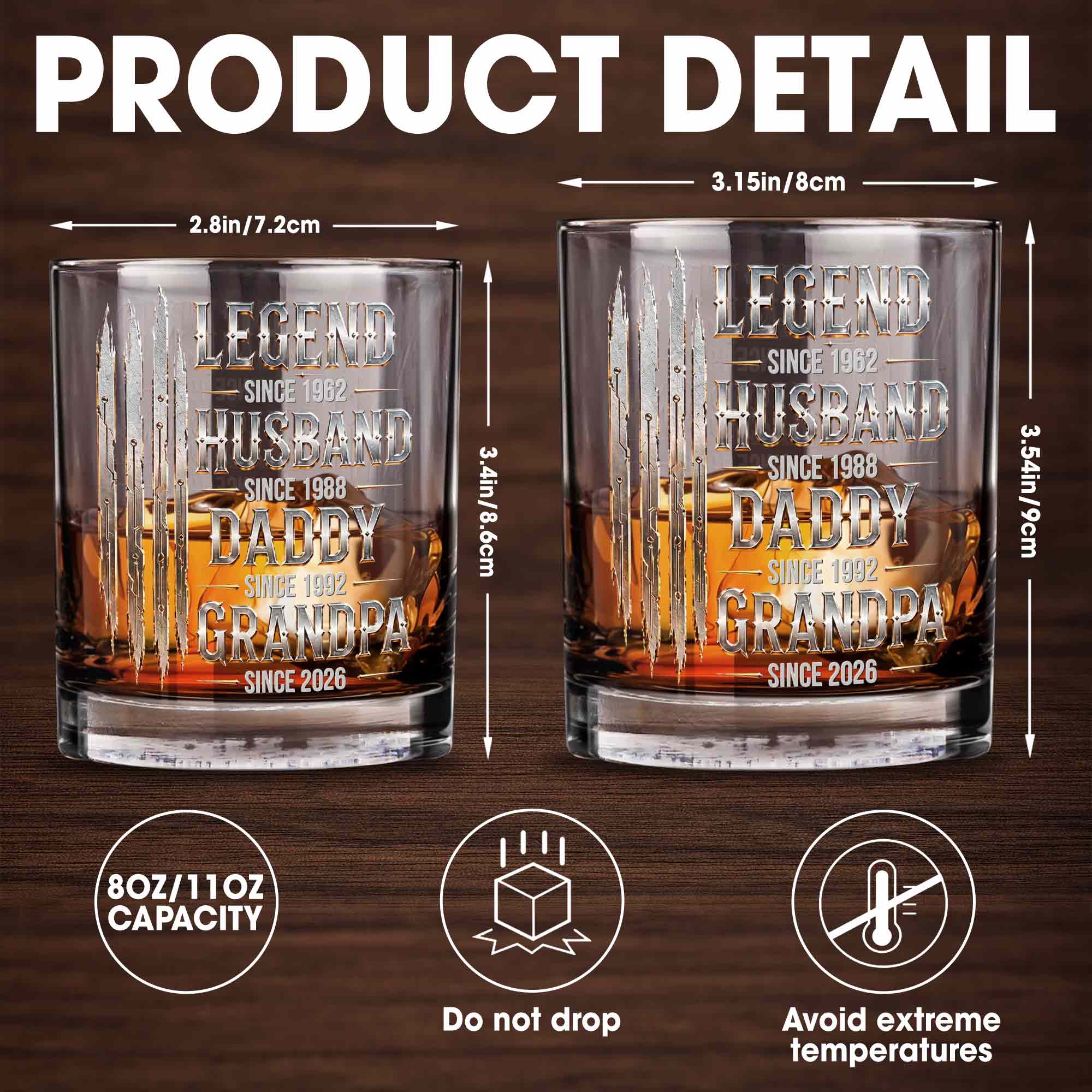 Personalized Custom Whiskey Glass Gift for Dad Grandpa with Dates