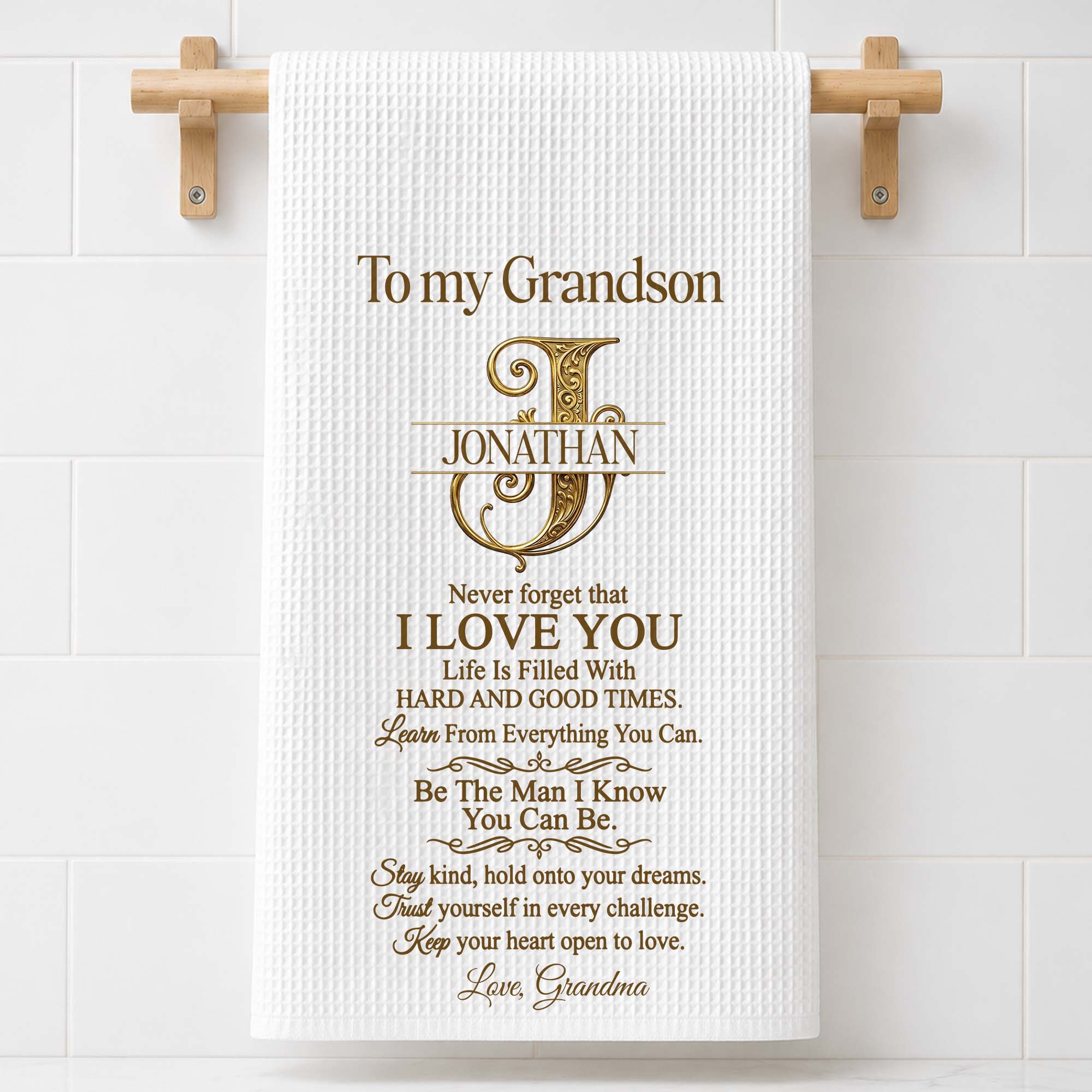 Personalized Kitchen Towel for Grandson with Custom Monogram Gift