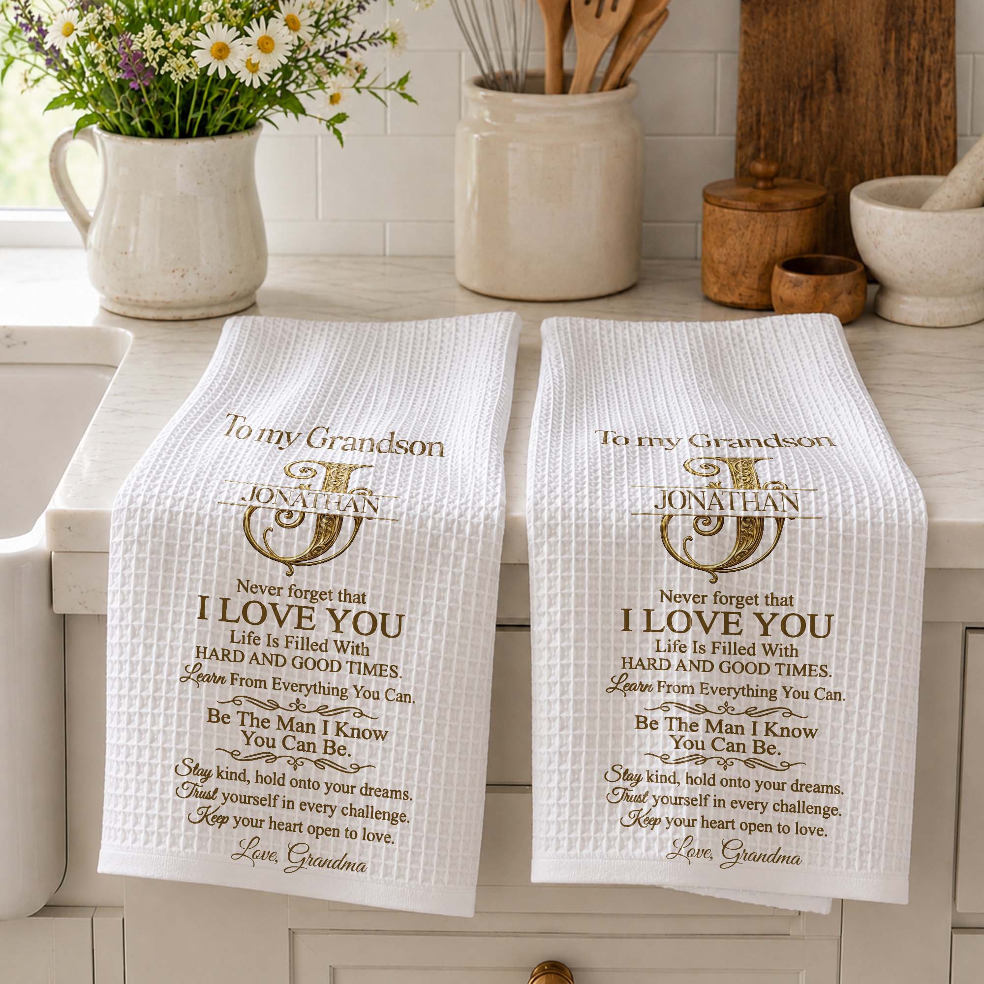 Personalized Kitchen Towel for Grandson with Custom Monogram Gift