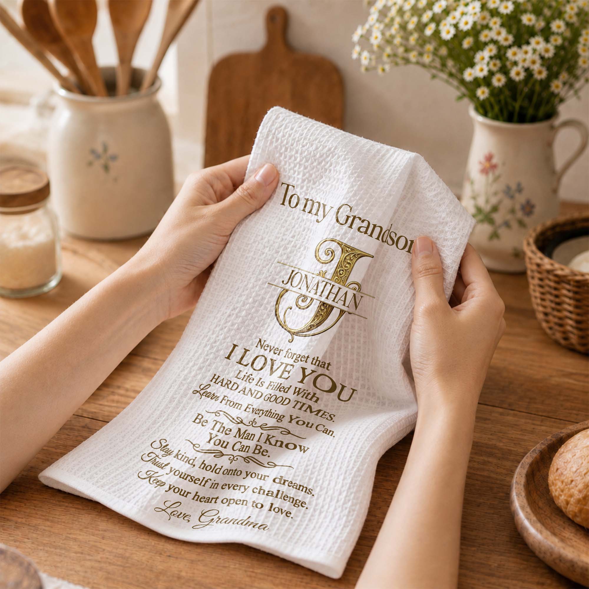 Personalized Kitchen Towel for Grandson with Custom Monogram Gift