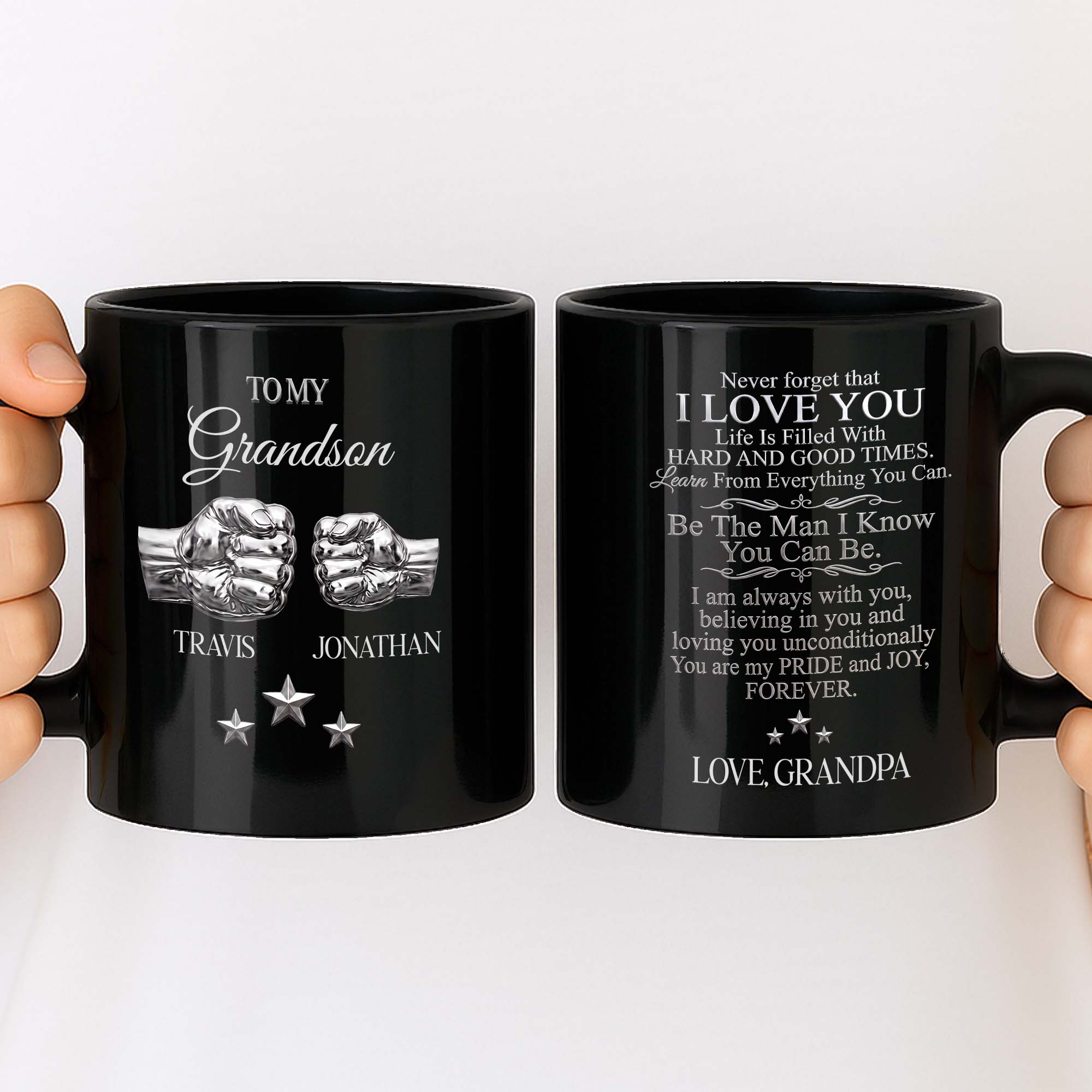 Personalized Black Mug with Fist Bump Design for Grandson