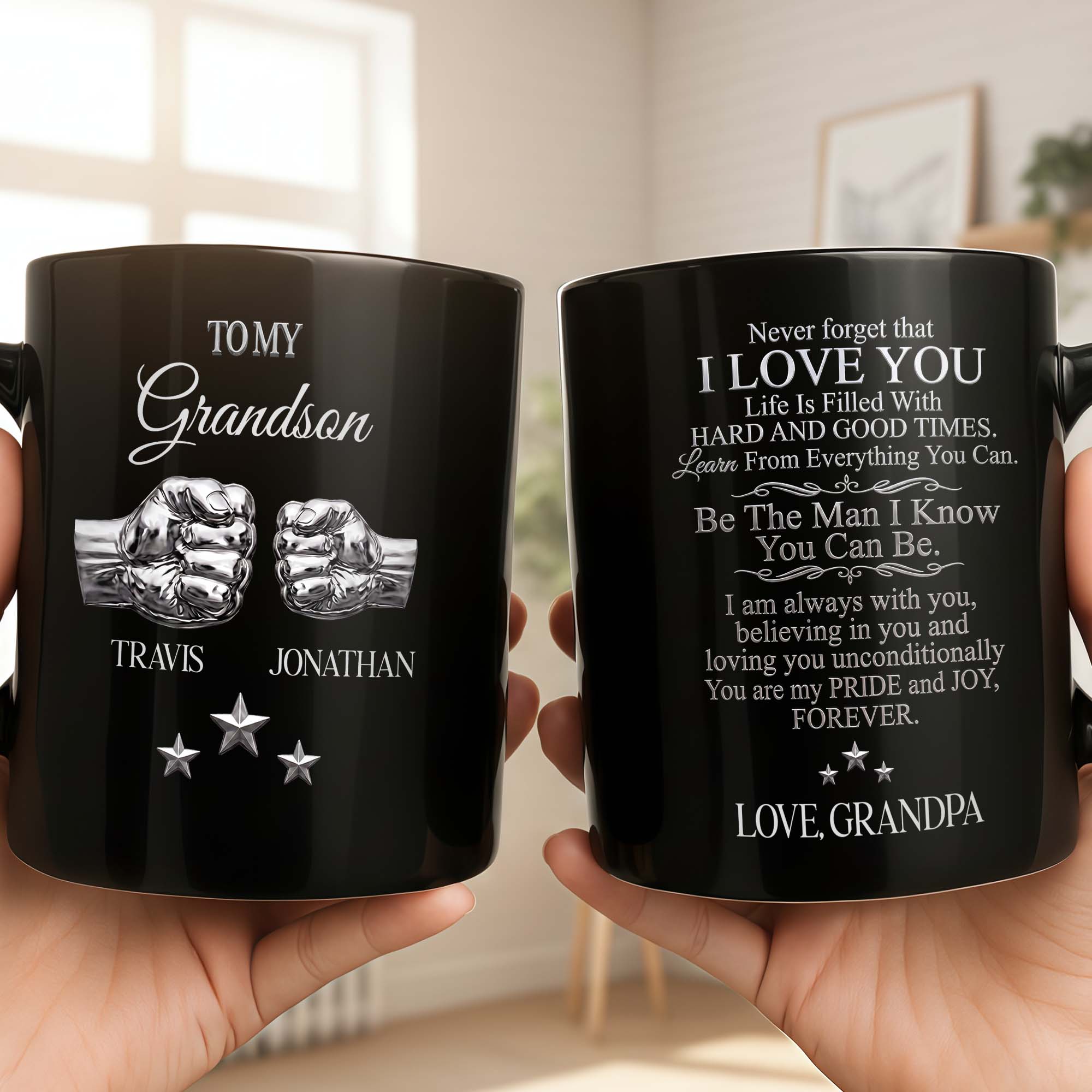 Personalized Black Mug with Fist Bump Design for Grandson