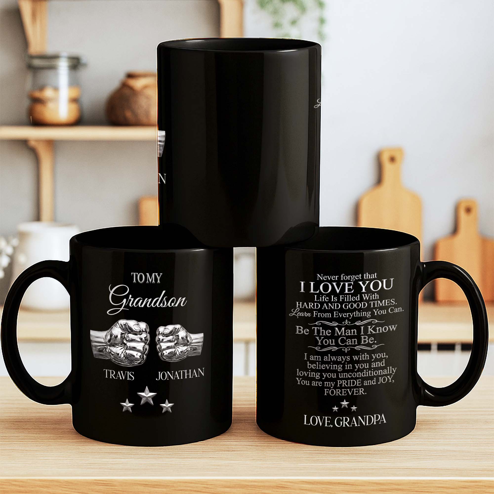Personalized Black Mug with Fist Bump Design for Grandson