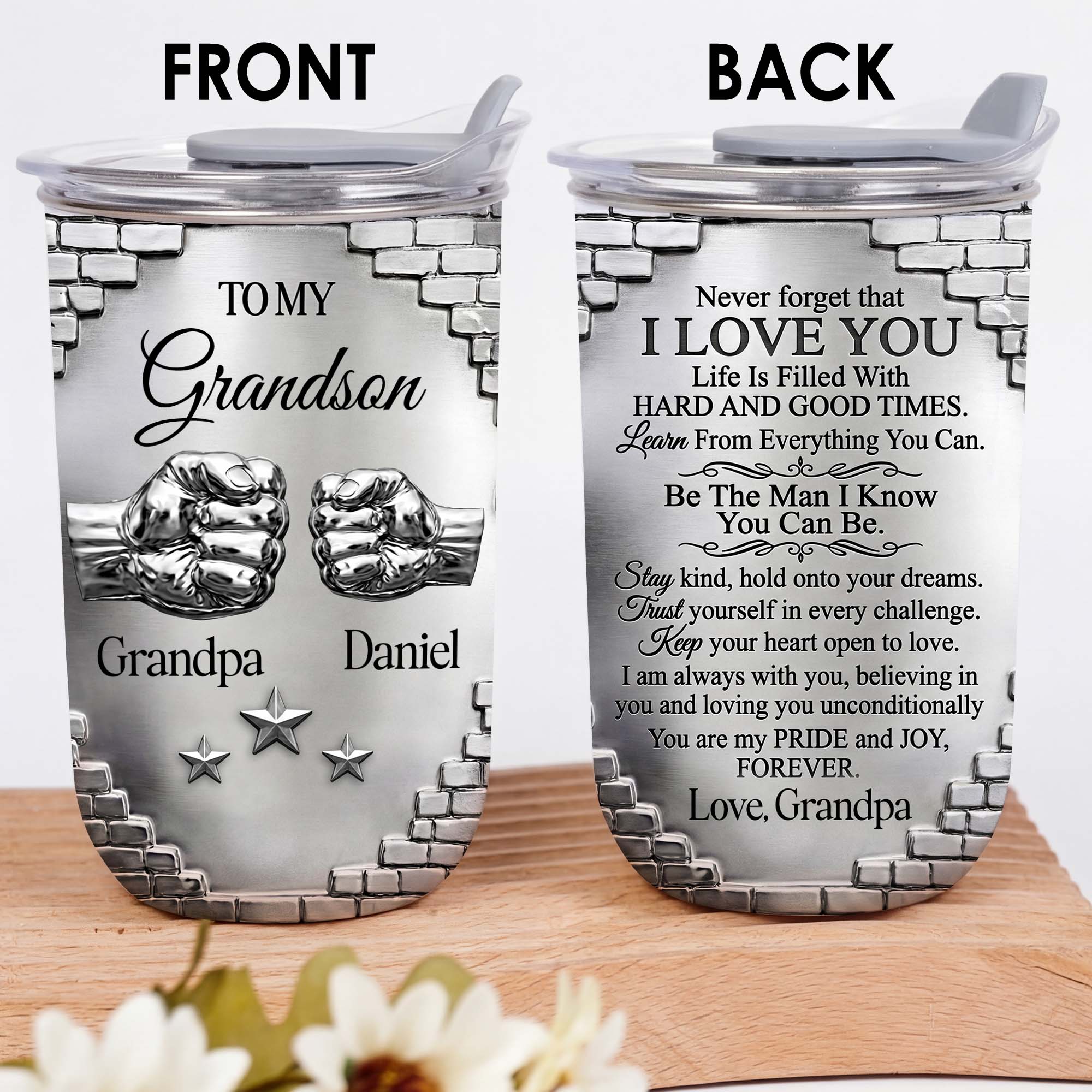 Personalized 10oz Tumbler Gift for Grandson Fist Bump Brick Wall