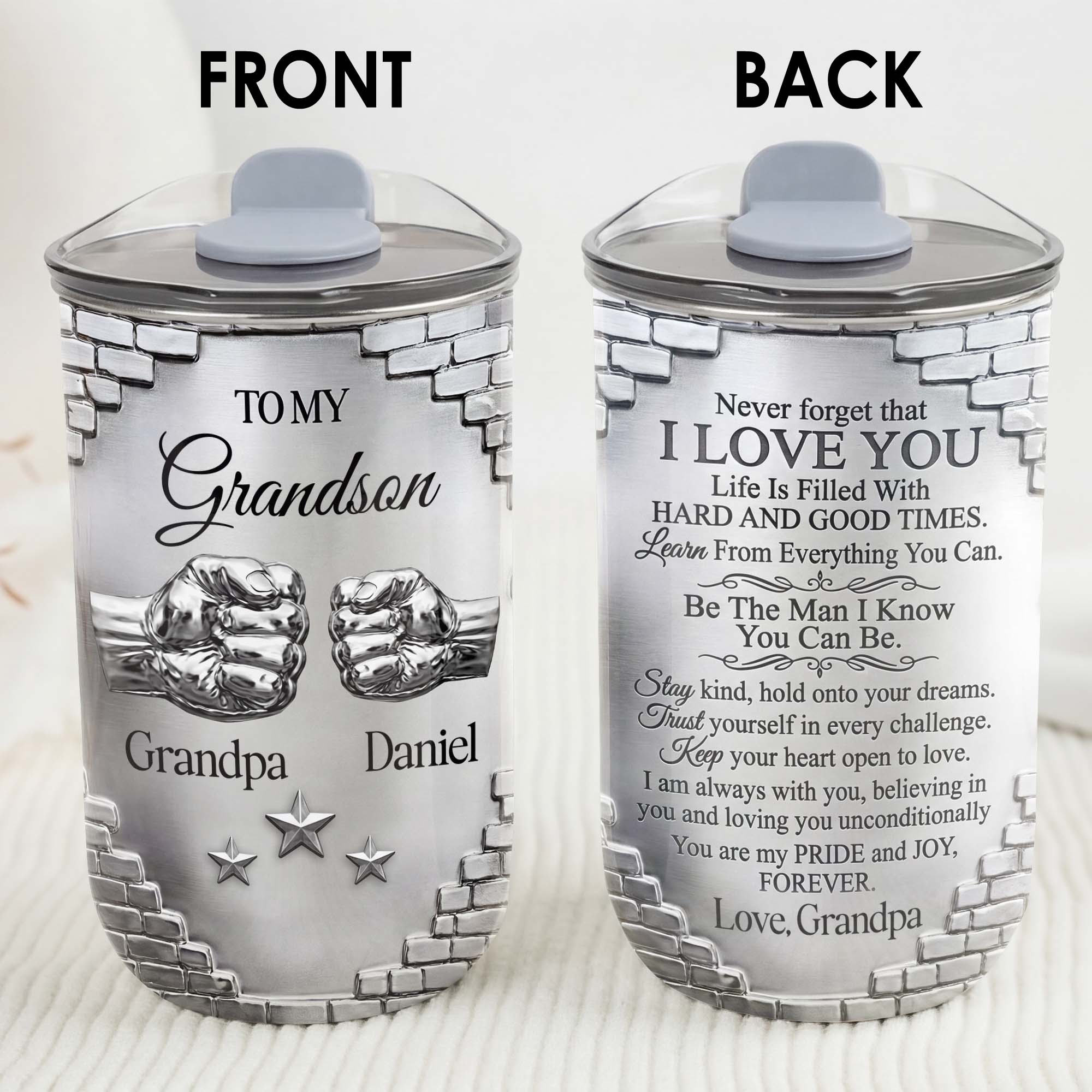 Personalized 10oz Tumbler Gift for Grandson Fist Bump Brick Wall