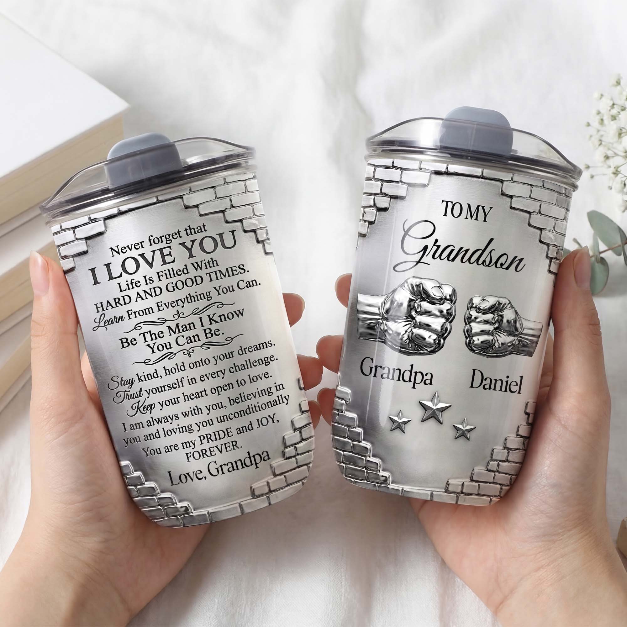 Personalized 10oz Tumbler Gift for Grandson Fist Bump Brick Wall