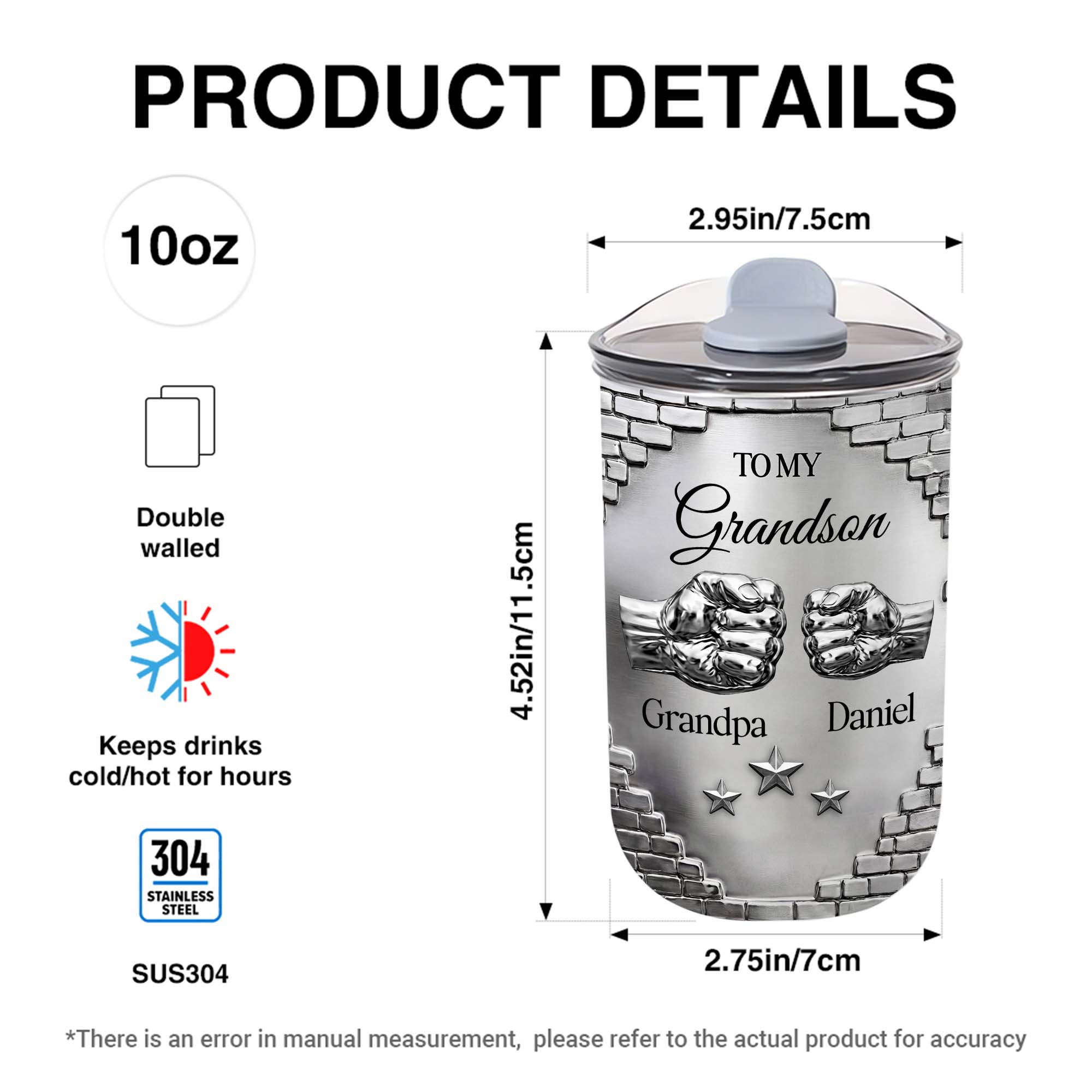 Personalized 10oz Tumbler Gift for Grandson Fist Bump Brick Wall