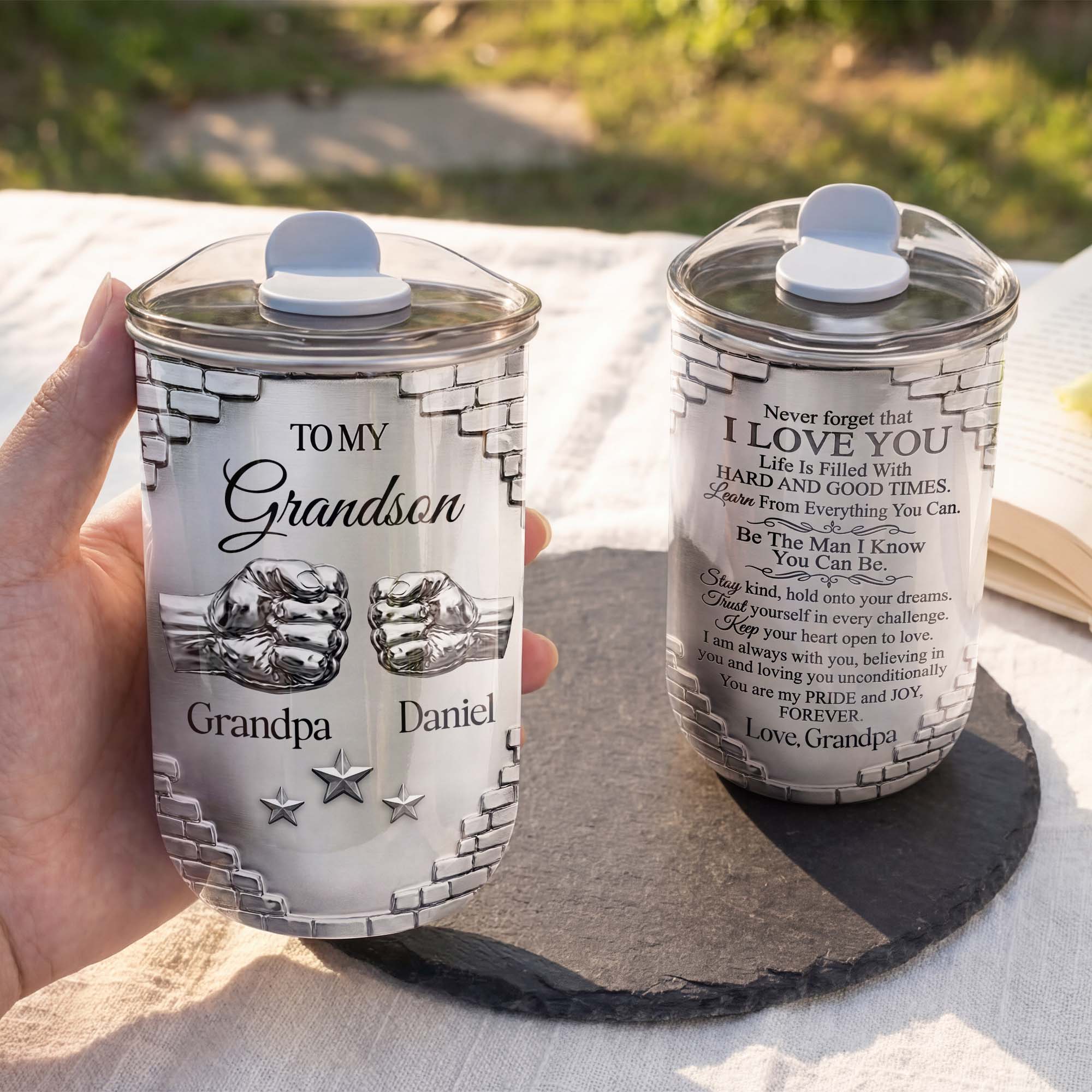 Personalized 10oz Tumbler Gift for Grandson Fist Bump Brick Wall