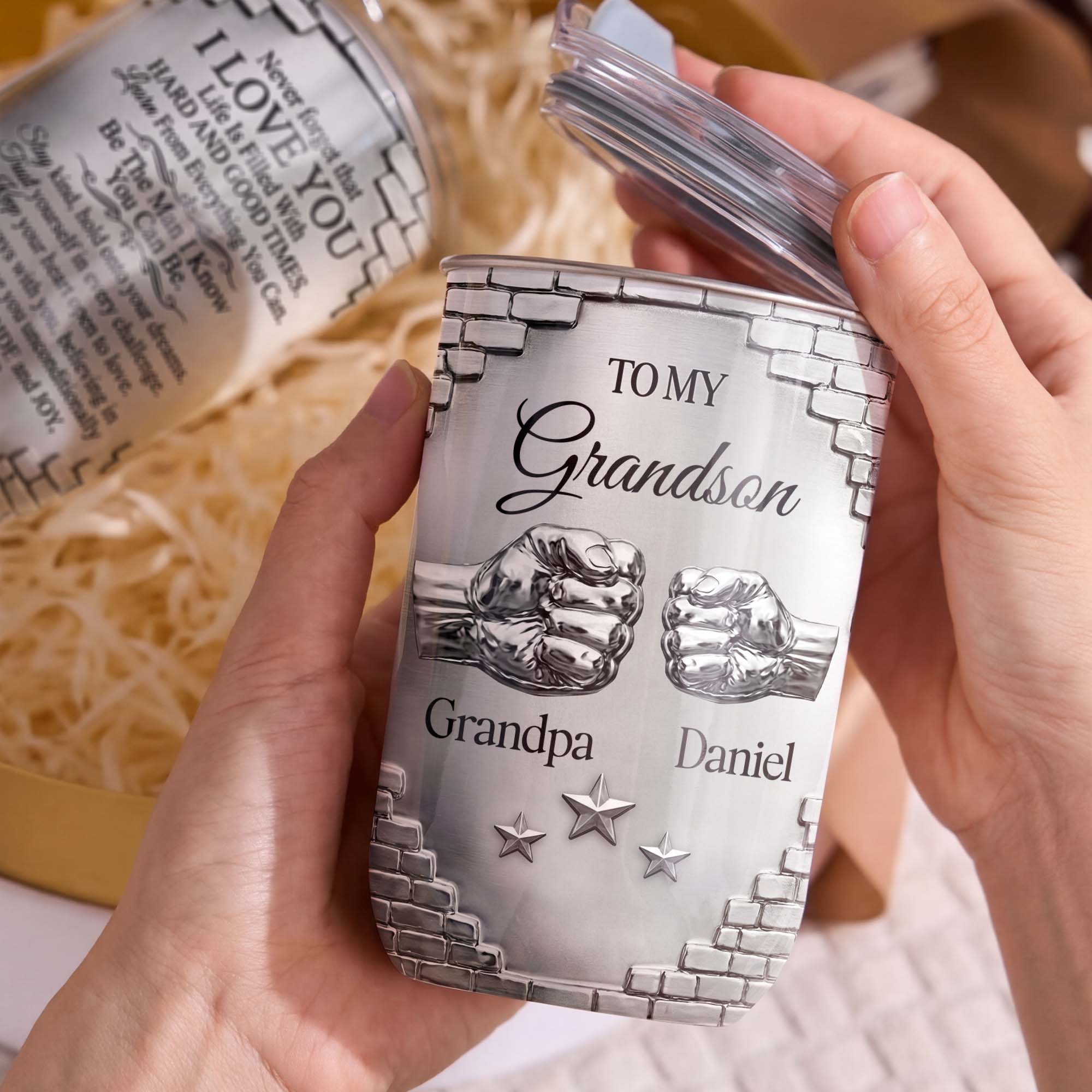 Personalized 10oz Tumbler Gift for Grandson Fist Bump Brick Wall