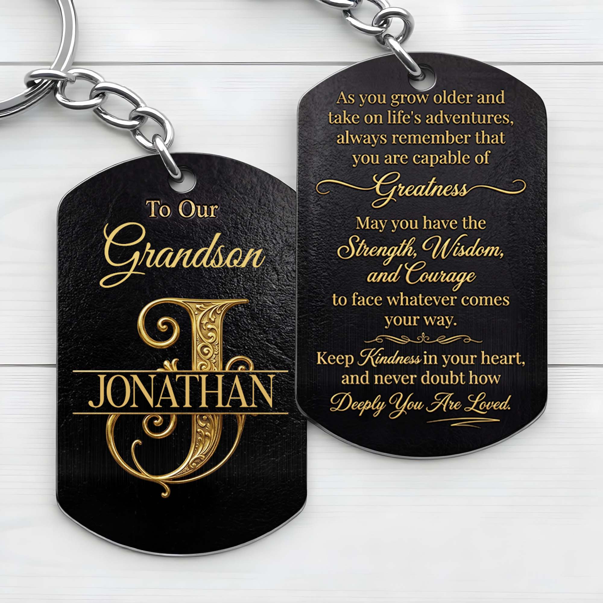 Personalized Stainless Steel Keychain for Grandson with Initial Monogram