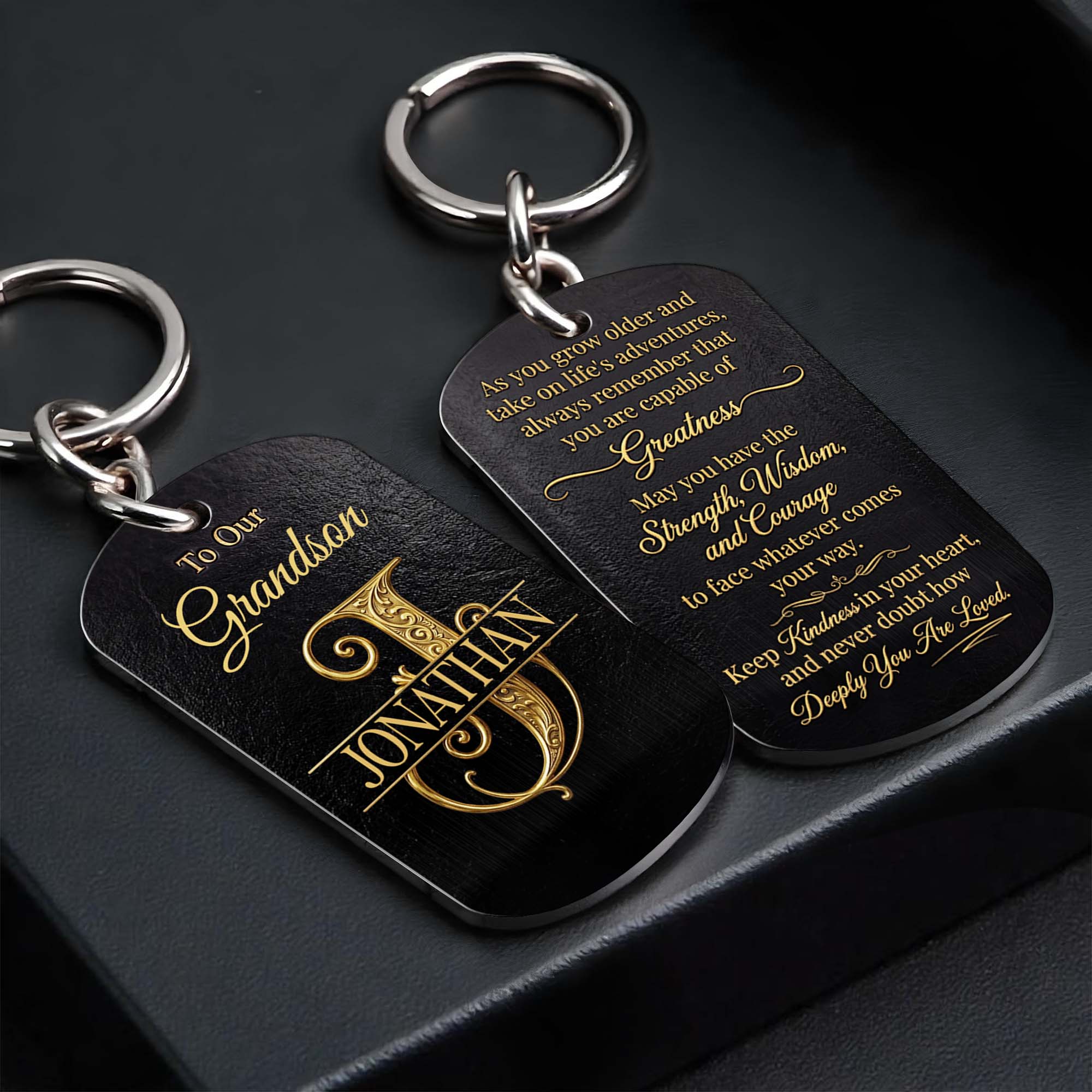 Personalized Stainless Steel Keychain for Grandson with Initial Monogram