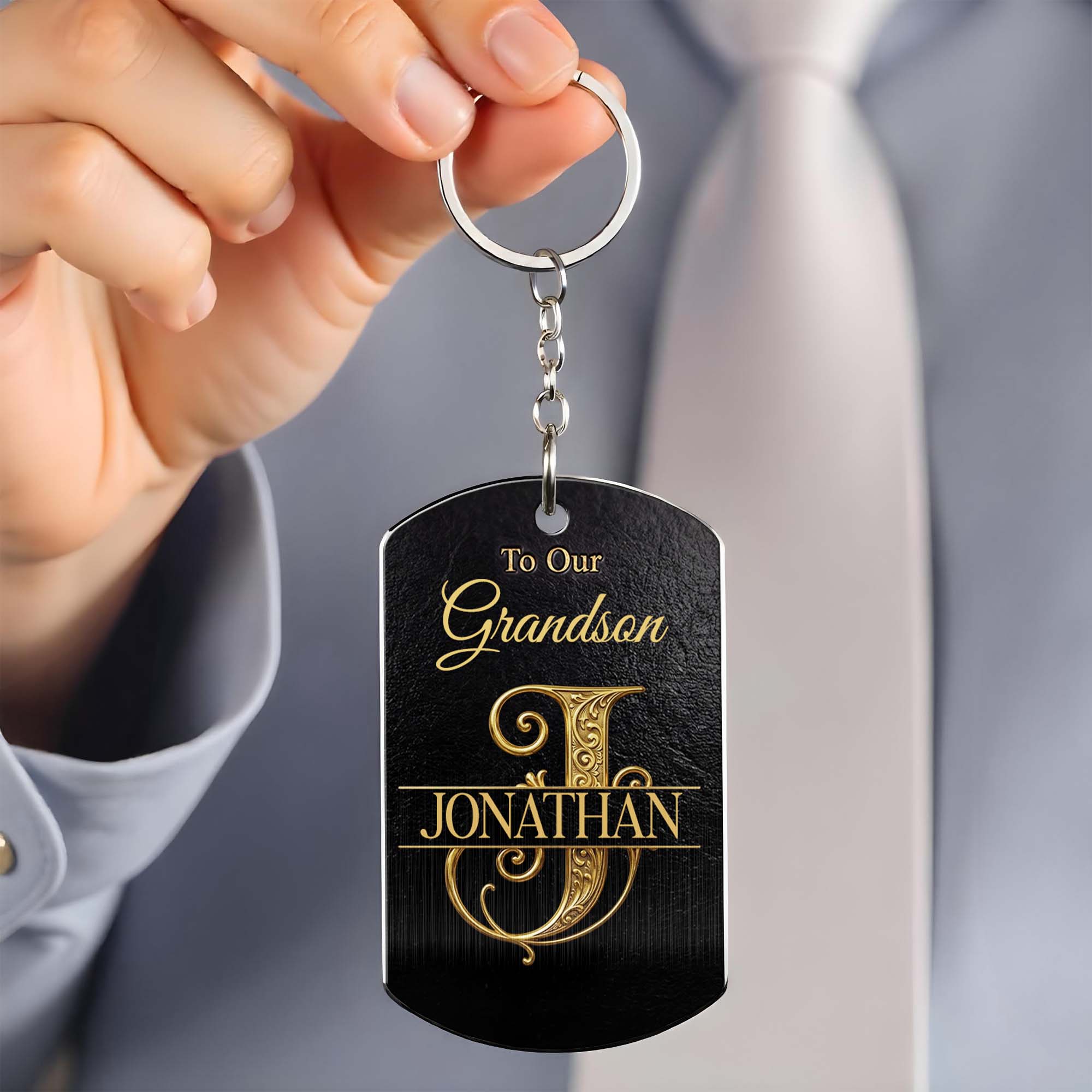 Personalized Stainless Steel Keychain for Grandson with Initial Monogram