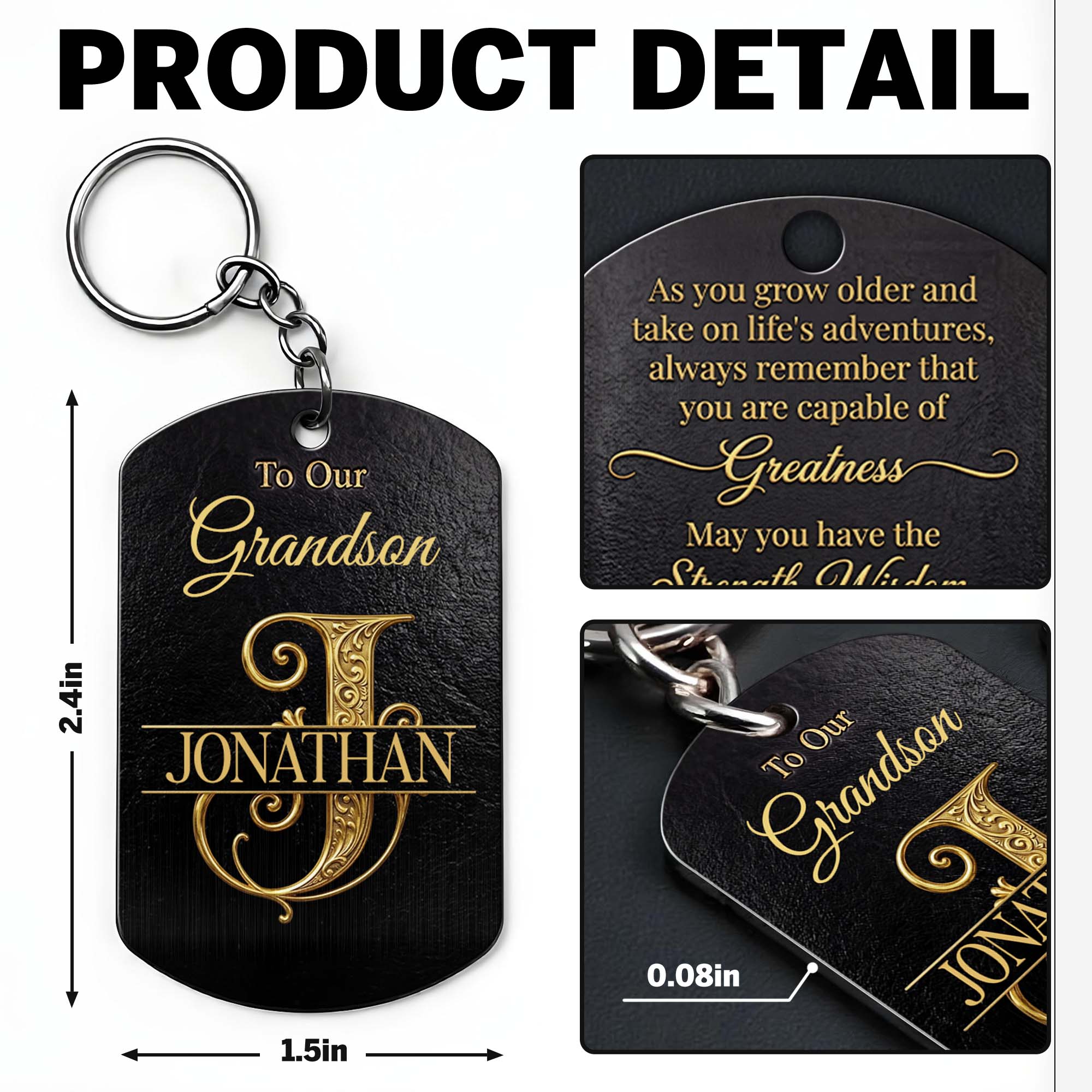 Personalized Stainless Steel Keychain for Grandson with Initial Monogram