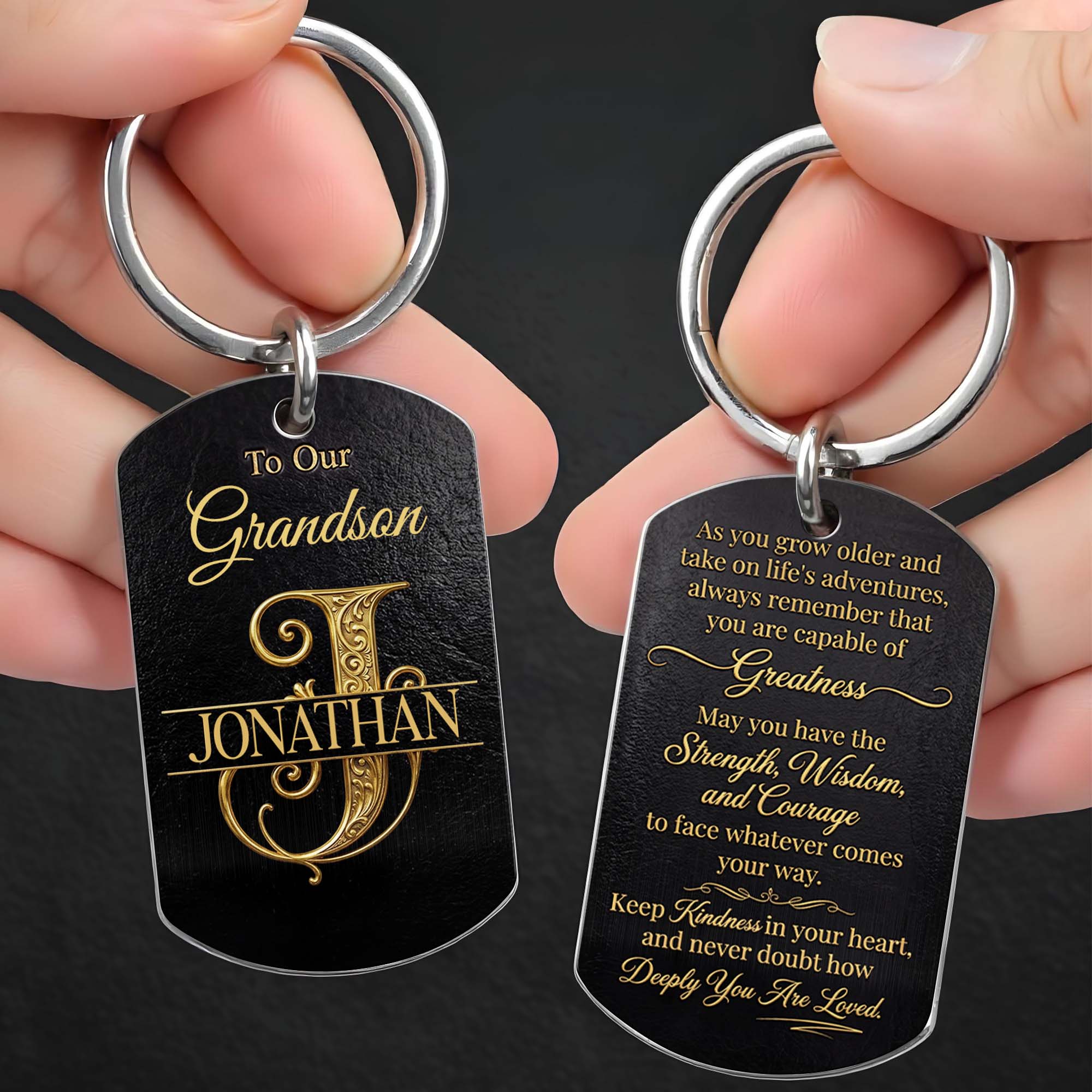 Personalized Stainless Steel Keychain for Grandson with Initial Monogram