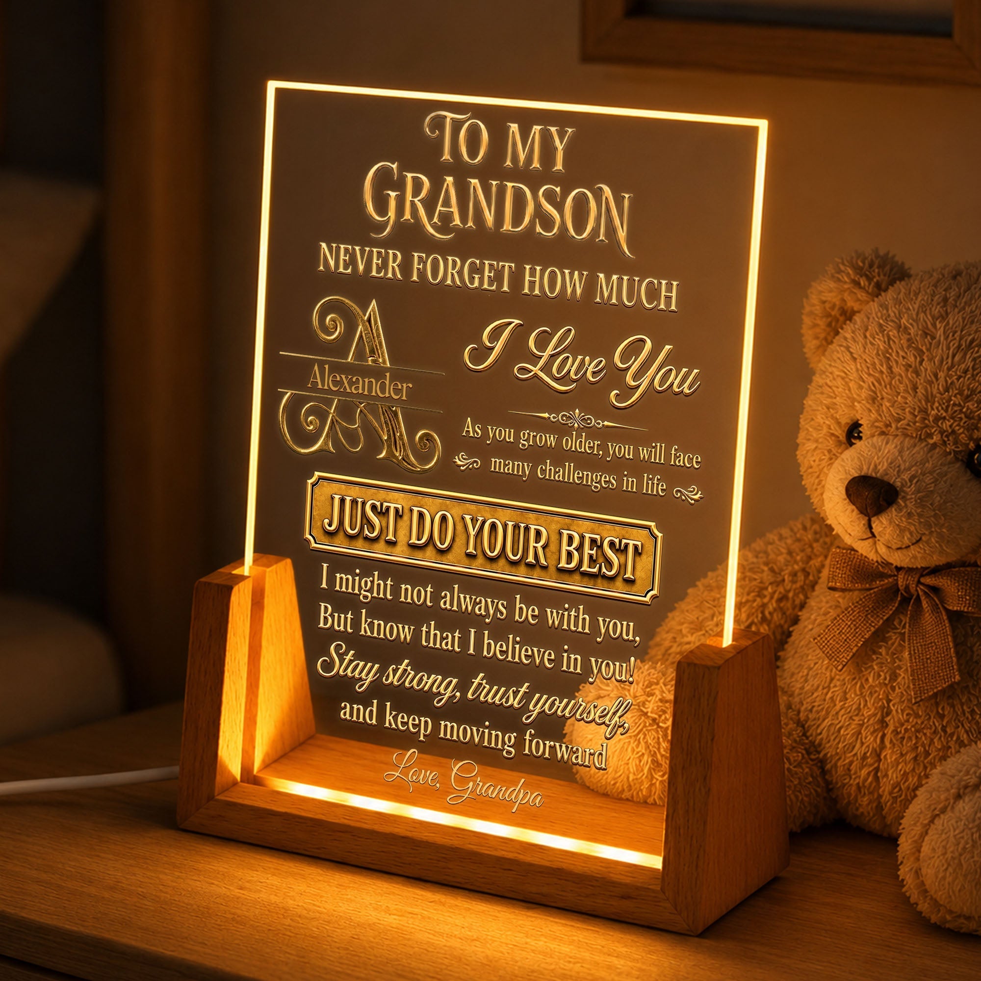 Personalized Acrylic Night Light with Wooden Base for Grandson Gift