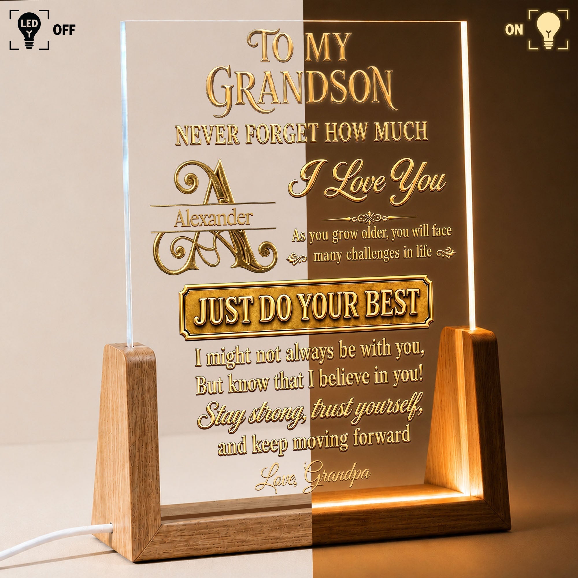 Personalized Acrylic Night Light with Wooden Base for Grandson Gift