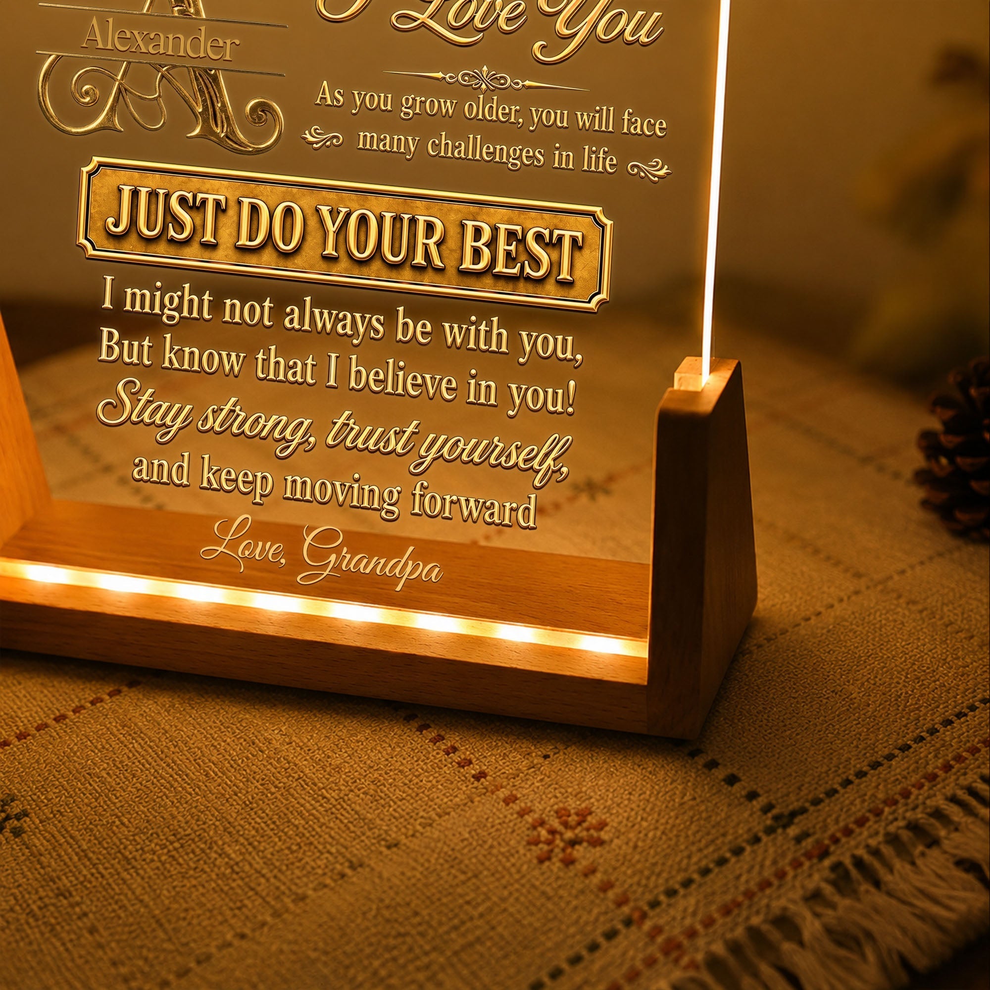 Personalized Acrylic Night Light with Wooden Base for Grandson Gift