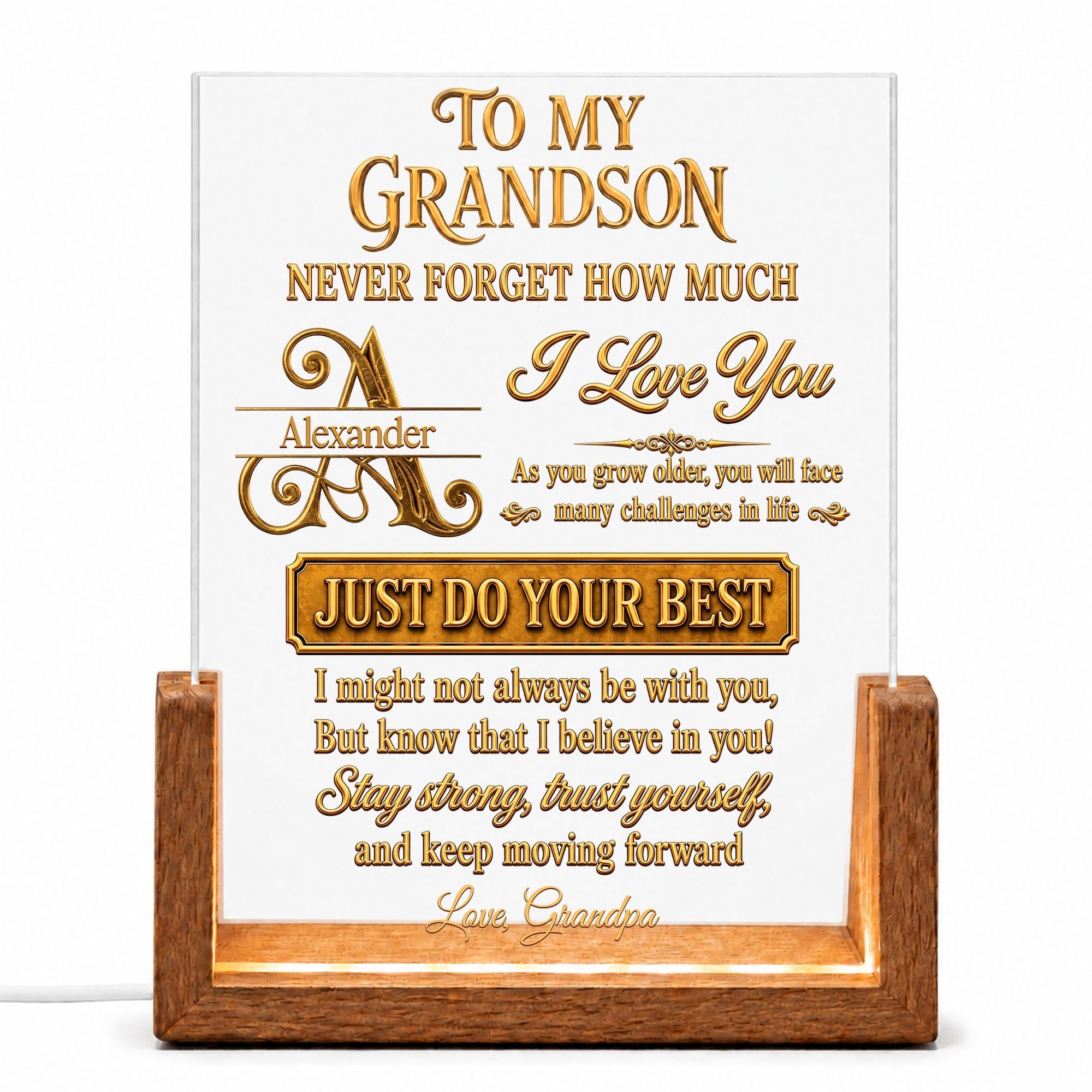 Personalized Acrylic Night Light with Wooden Base for Grandson Gift