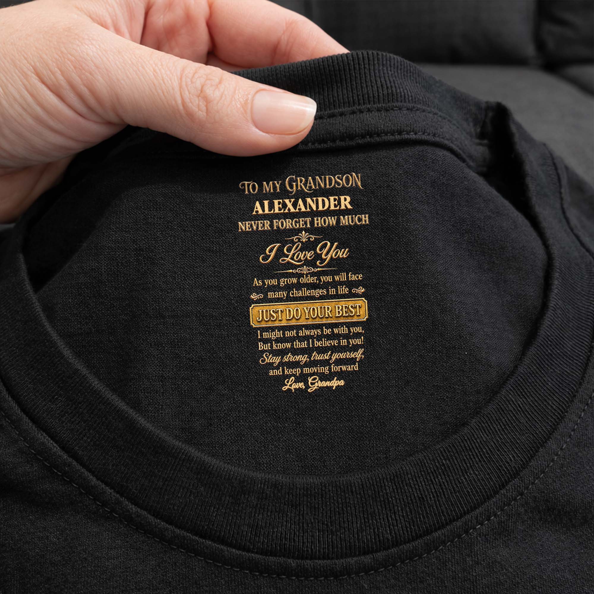 Personalized Inside Neck Print T-Shirt for Grandson Gift
