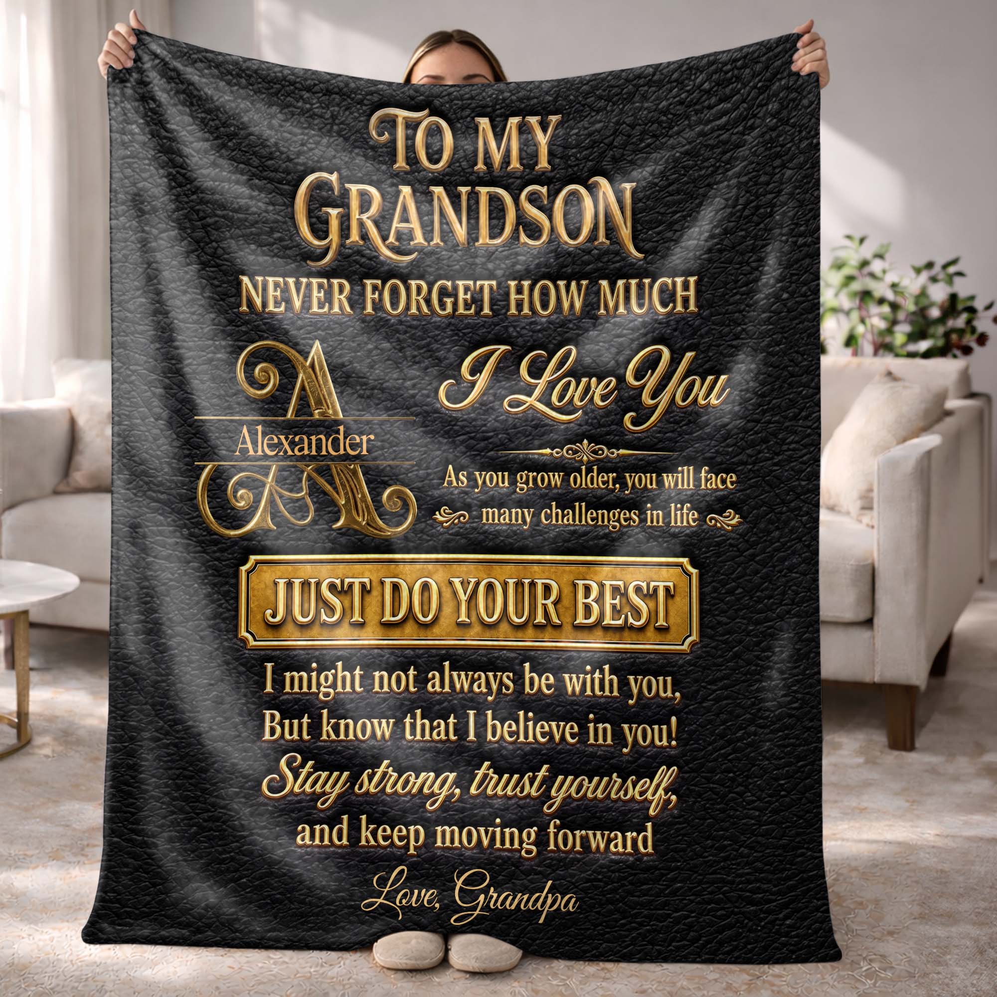 Personalized Leather Texture Blanket Custom Name Gift for Grandson
