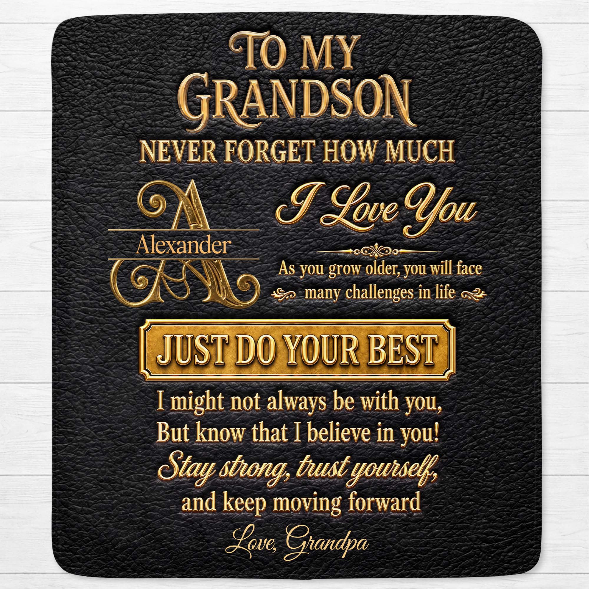 Personalized Leather Texture Blanket Custom Name Gift for Grandson
