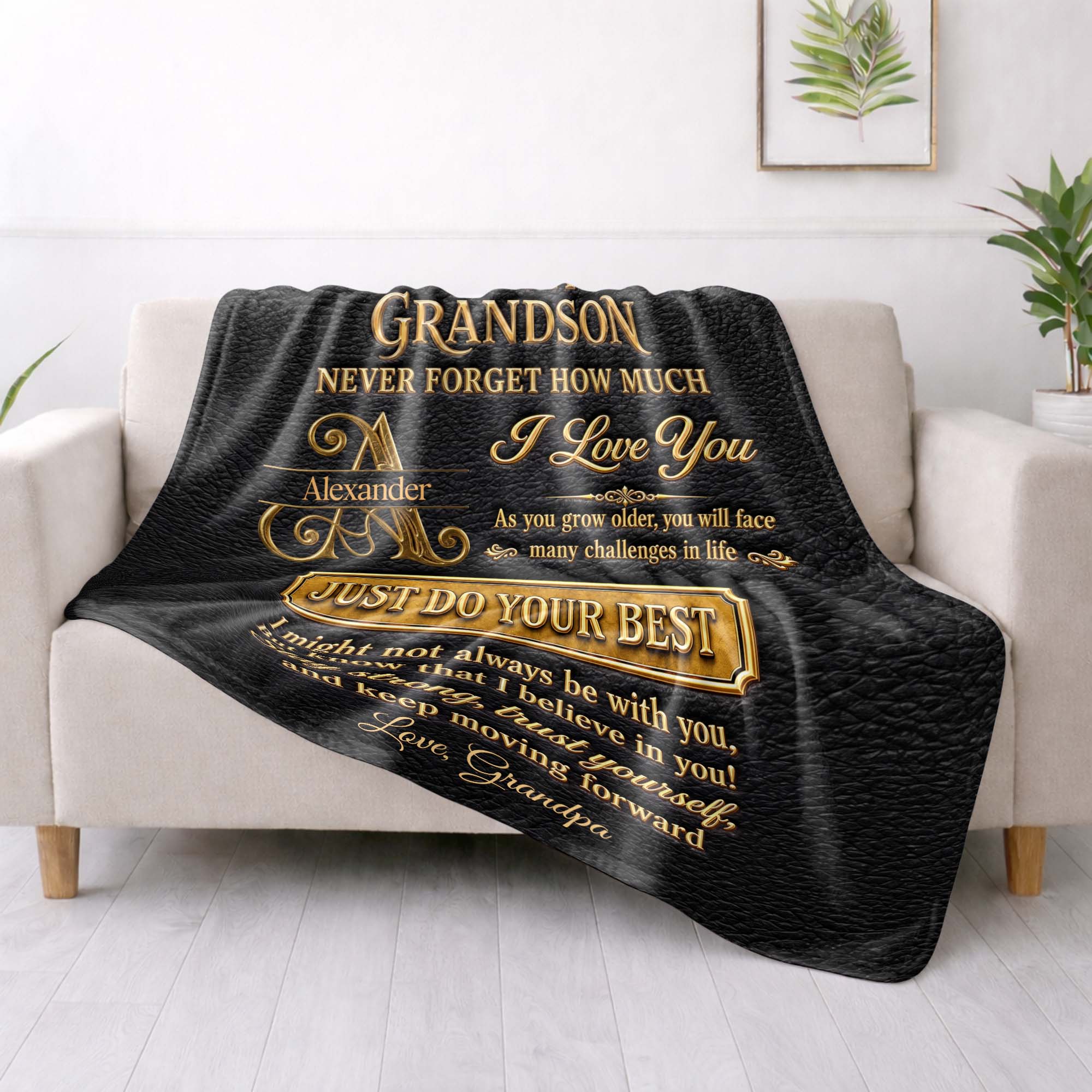 Personalized Leather Texture Blanket Custom Name Gift for Grandson
