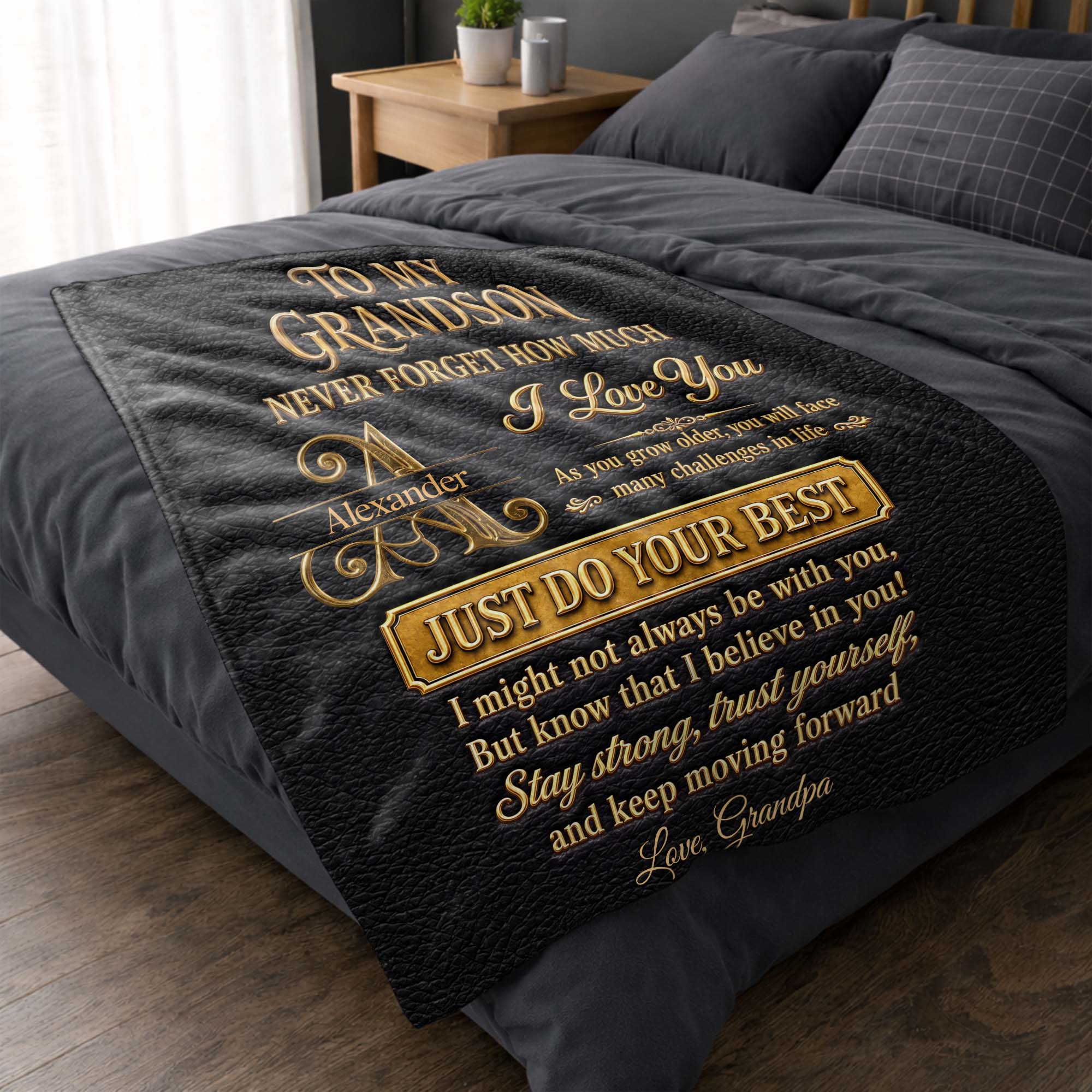 Personalized Leather Texture Blanket Custom Name Gift for Grandson