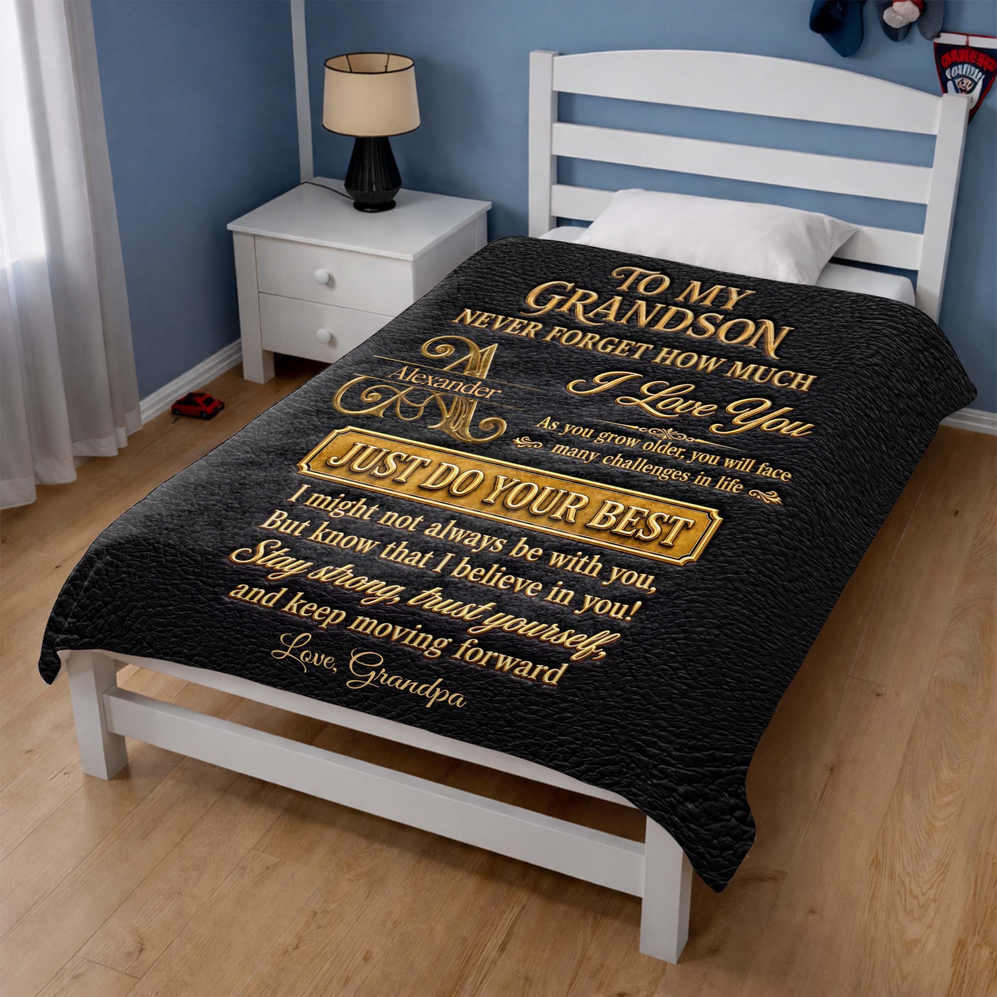 Personalized Leather Texture Blanket Custom Name Gift for Grandson