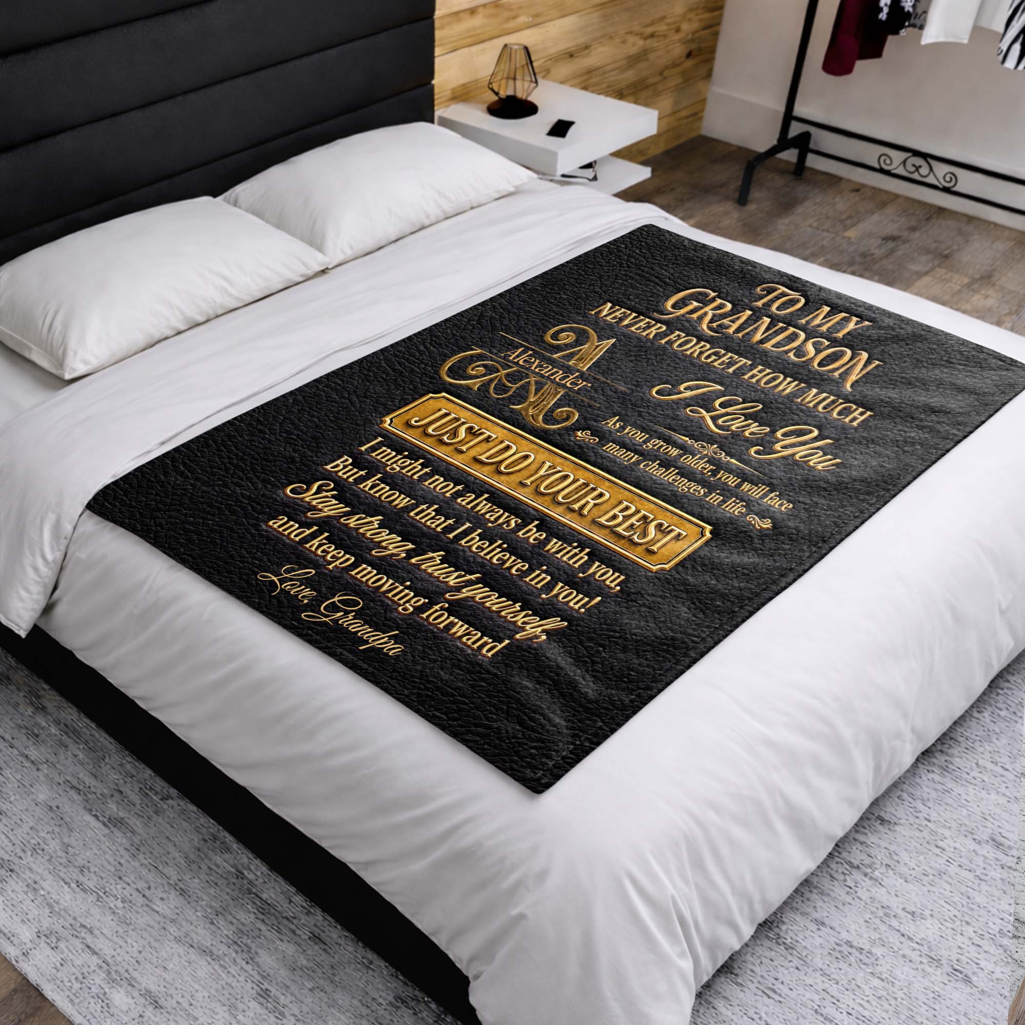 Personalized Leather Texture Blanket Custom Name Gift for Grandson