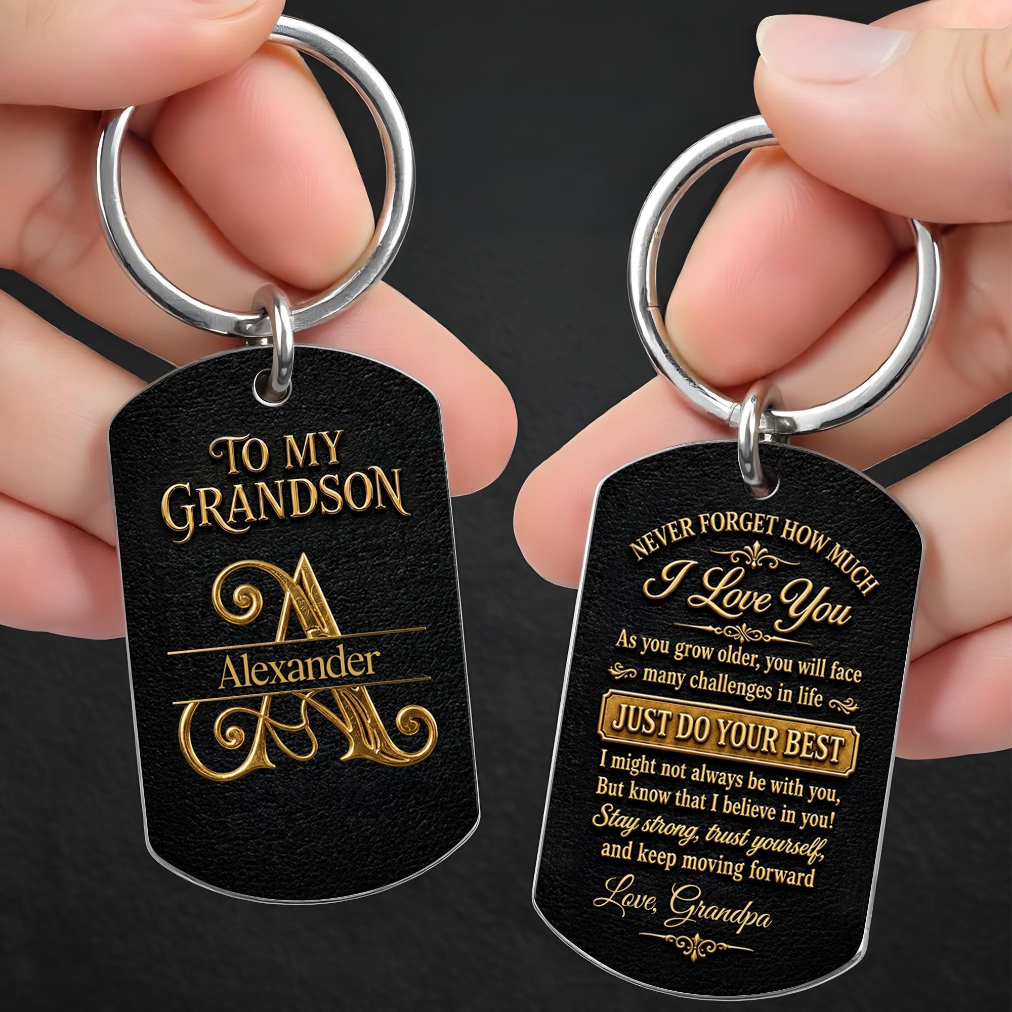 Personalized Stainless Steel Keychain for Grandson Love Note Gift