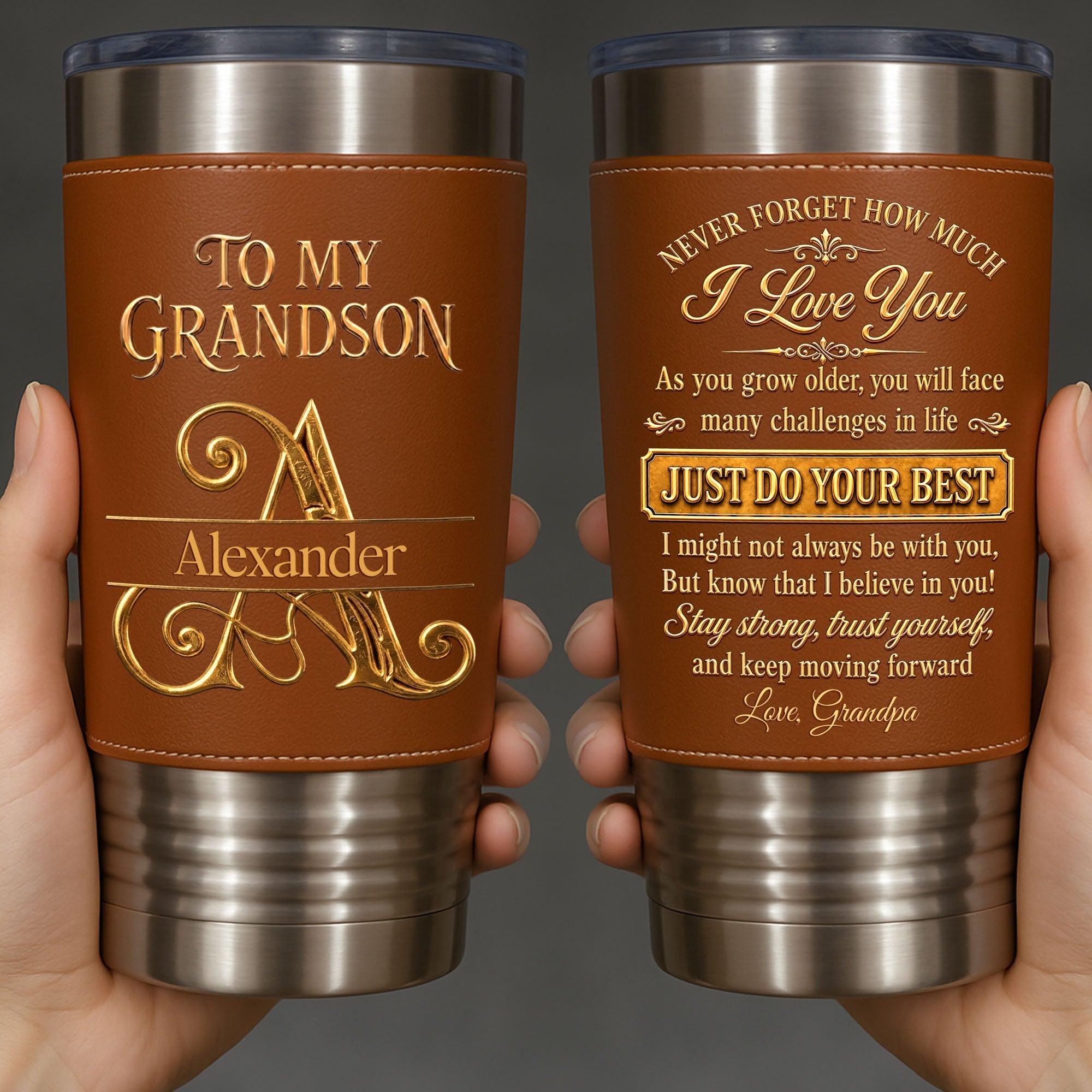 Personalized Leather Tumbler Custom Name Gift for Grandson