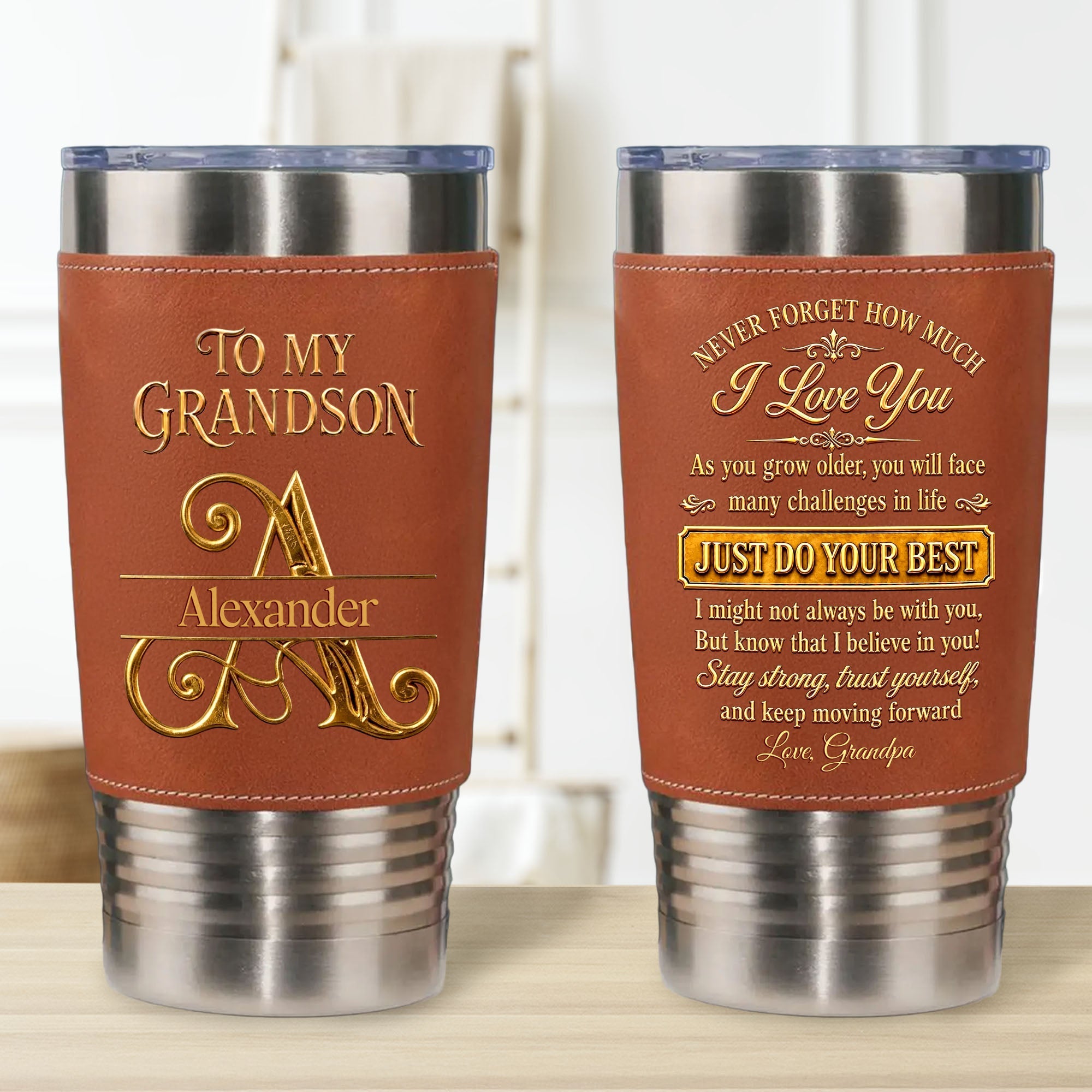 Personalized Leather Tumbler Custom Name Gift for Grandson