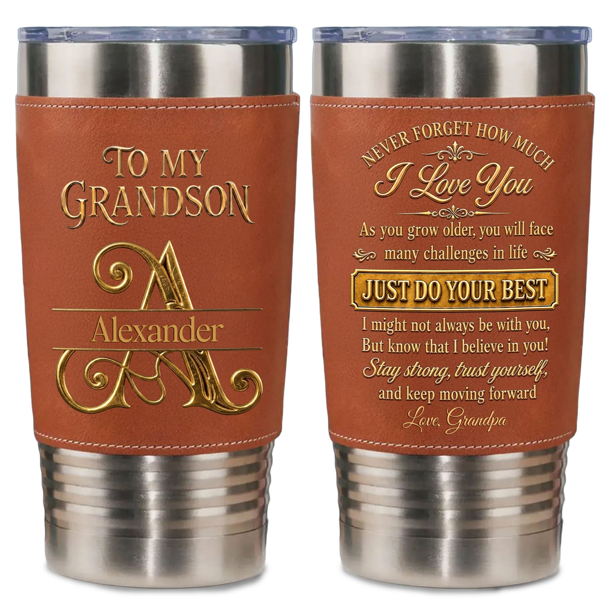 Personalized Leather Tumbler Custom Name Gift for Grandson