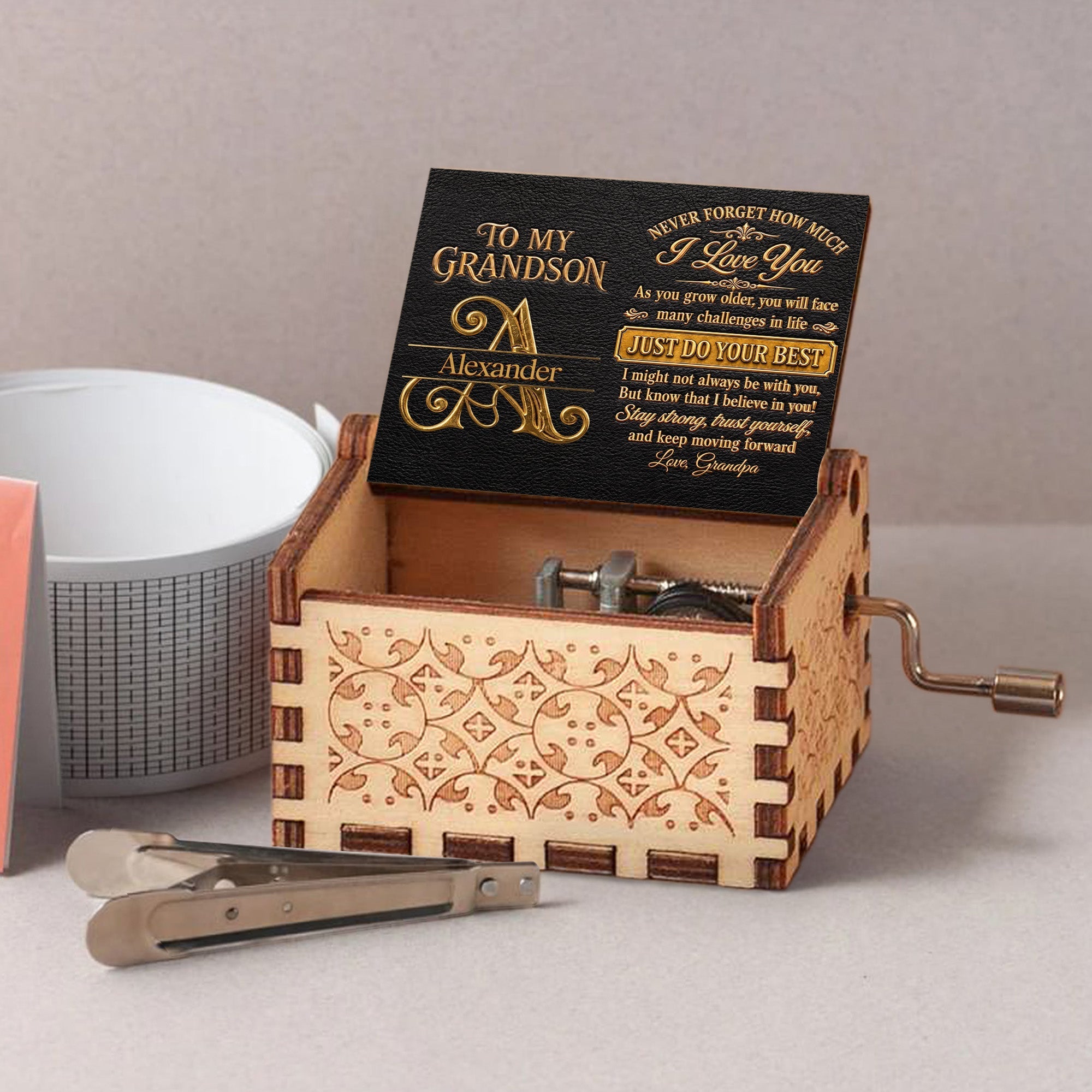 Personalized Wooden Music Box Custom for Grandson Love You