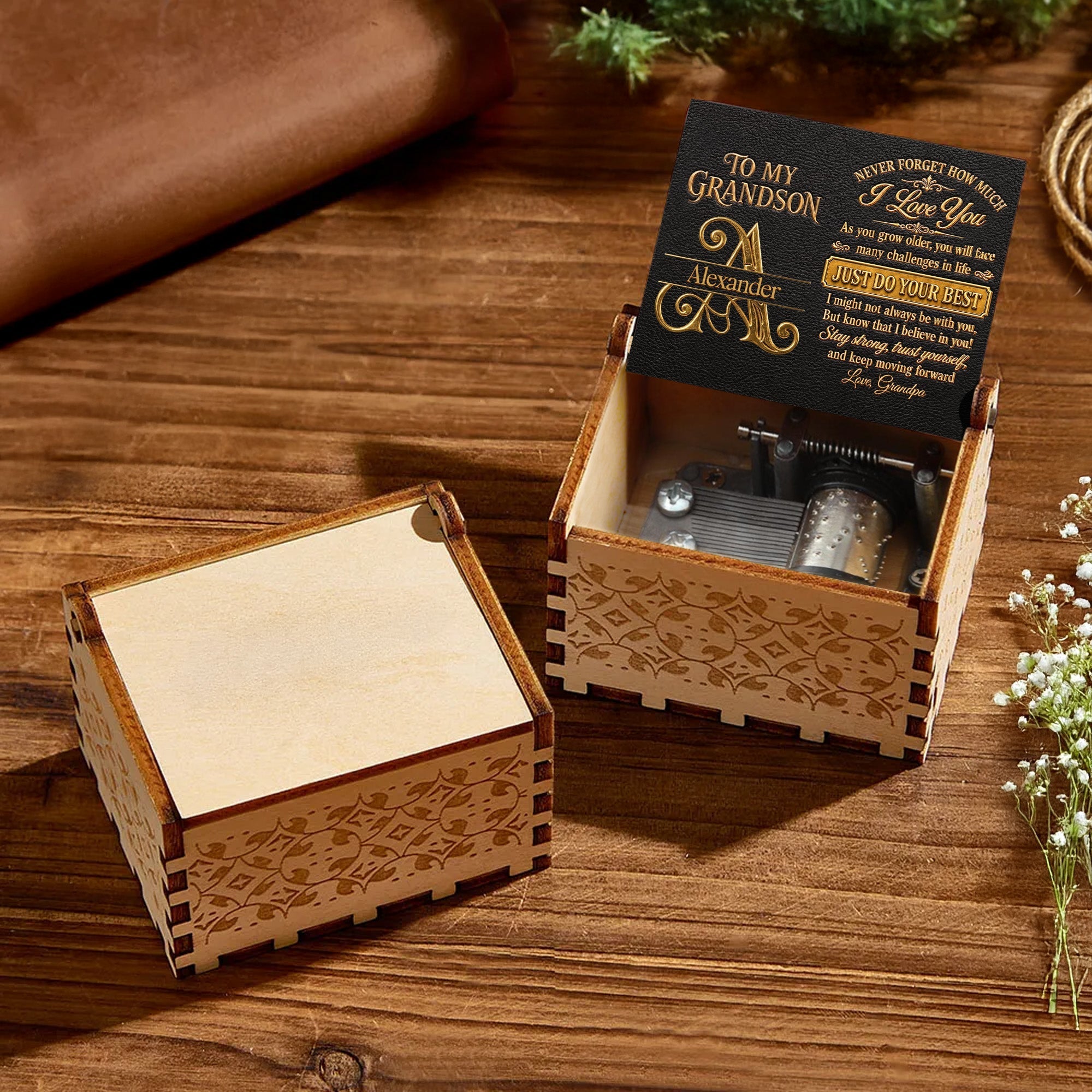 Personalized Wooden Music Box Custom for Grandson Love You