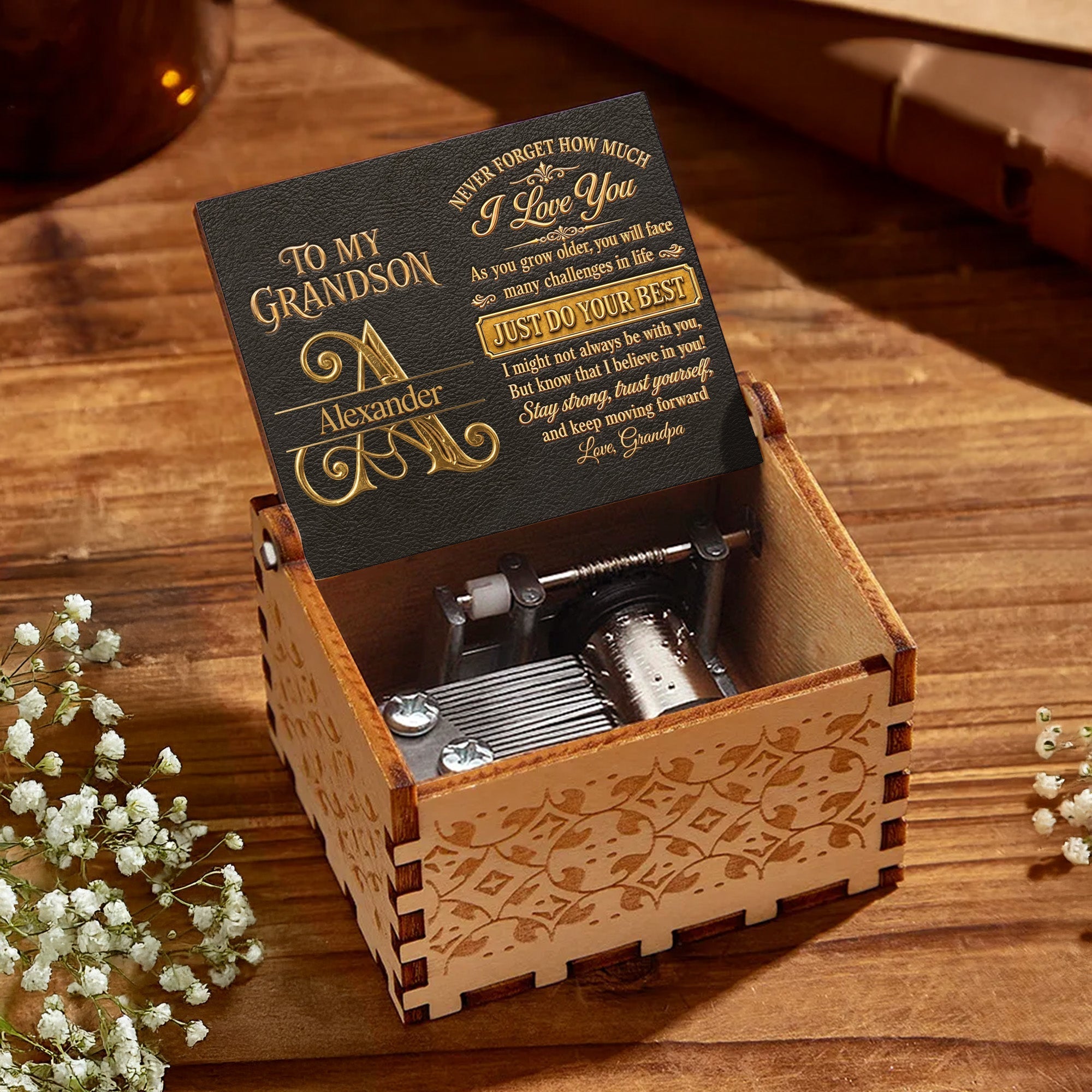 Personalized Wooden Music Box Custom for Grandson Love You