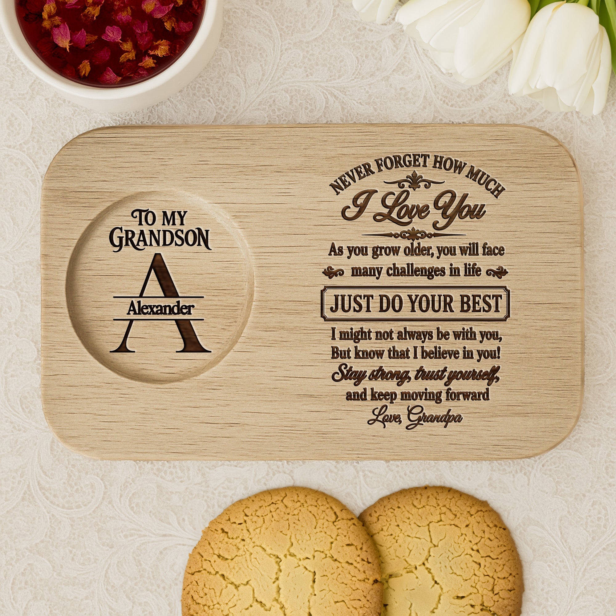 Personalized Engraved Serving Board with Cup Holder for Grandson